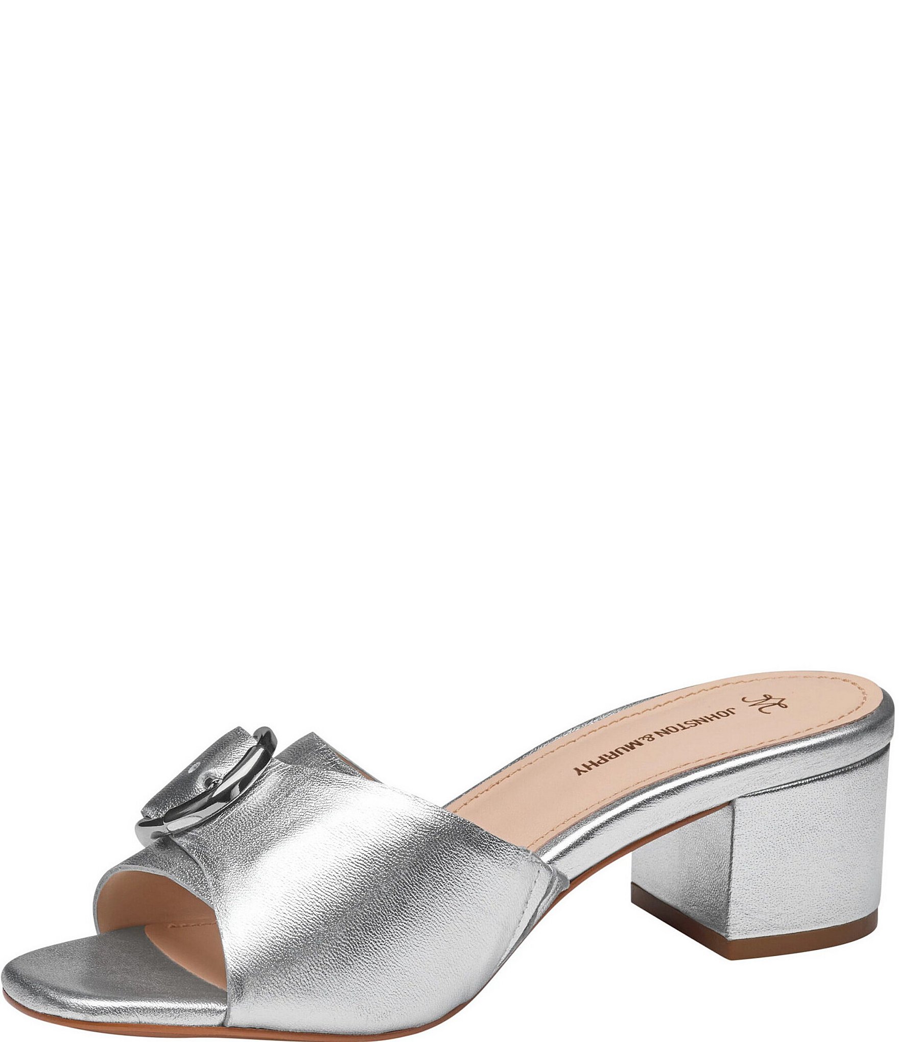 Johnston & Murphy Women's Edith Buckle Metallic Leather Block Heel Slide Sandals