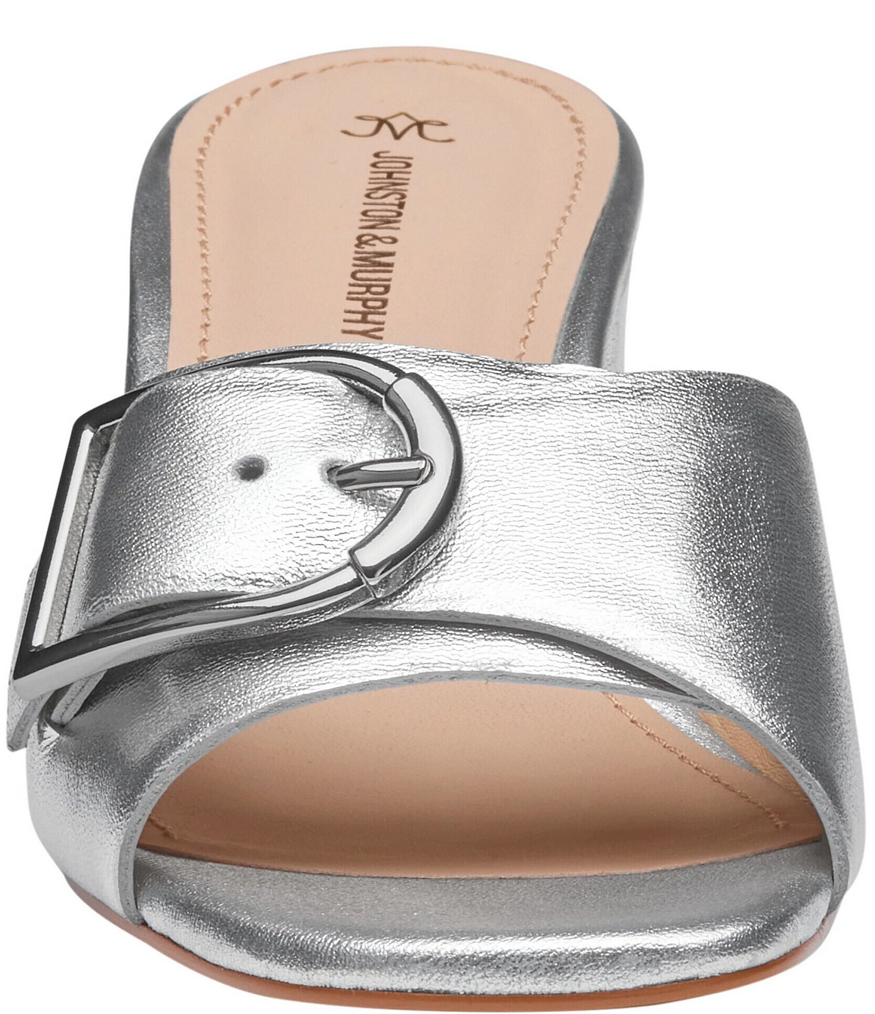 Johnston & Murphy Women's Edith Buckle Metallic Leather Block Heel Slide Sandals