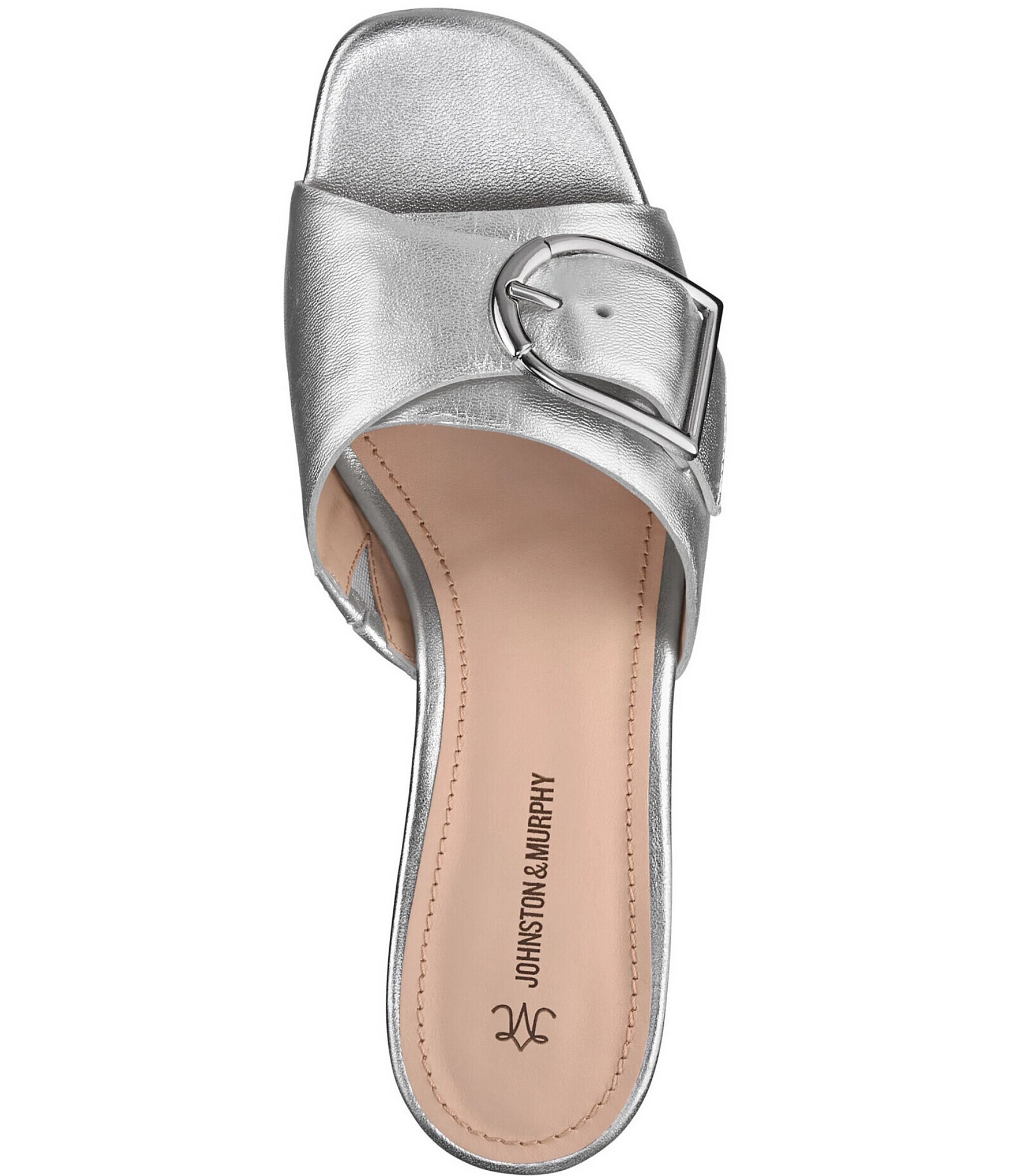 Johnston & Murphy Women's Edith Buckle Metallic Leather Block Heel Slide Sandals