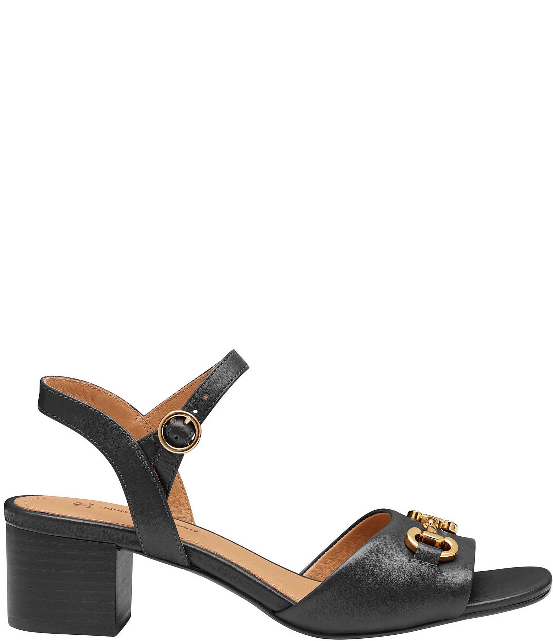 Johnston & Murphy Women's Edith Leather Bit Buckle Ankle Strap Stack Heel Sandals