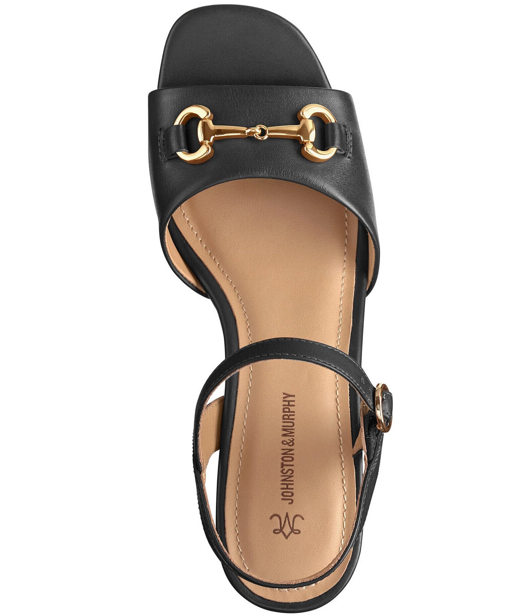 Johnston & Murphy Women's Edith Leather Bit Buckle Ankle Strap Stack Heel Sandals