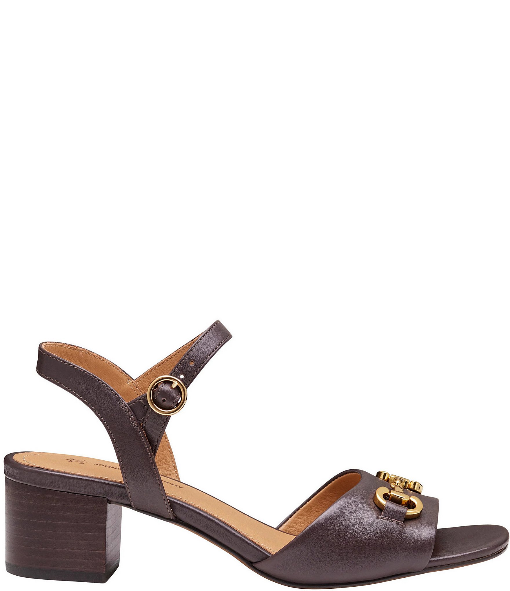 Johnston & Murphy Women's Edith Leather Bit Buckle Ankle Strap Stack Heel Sandals