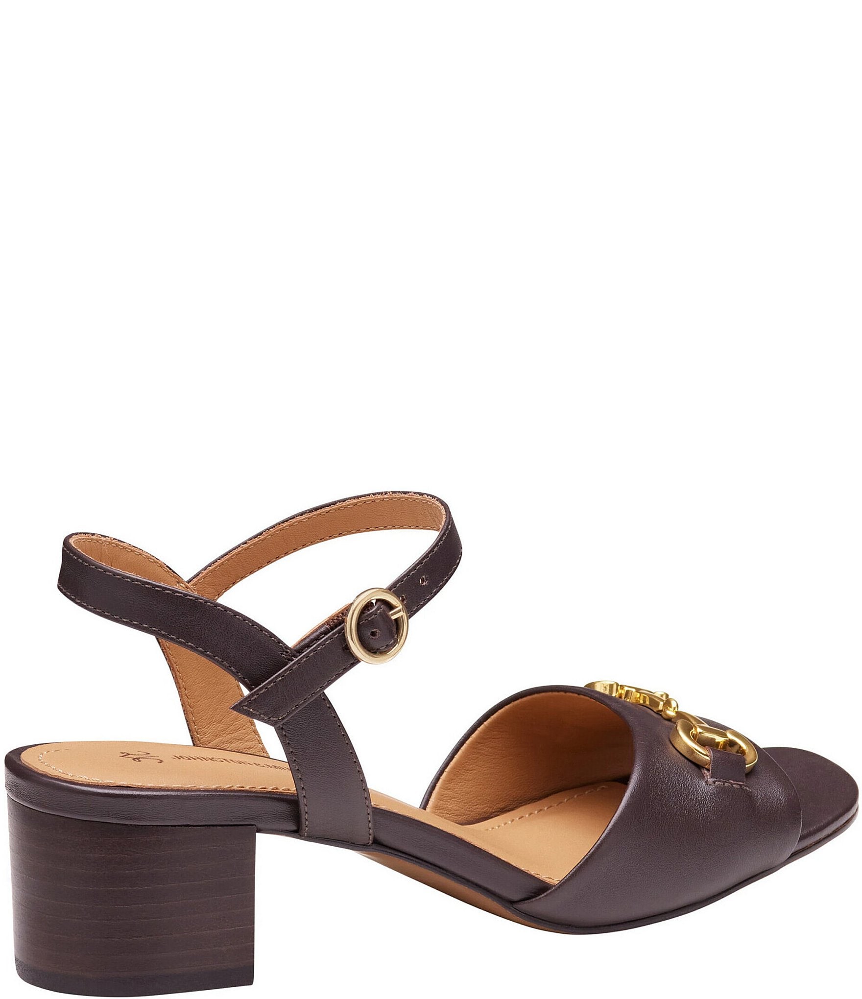 Johnston & Murphy Women's Edith Leather Bit Buckle Ankle Strap Stack Heel Sandals