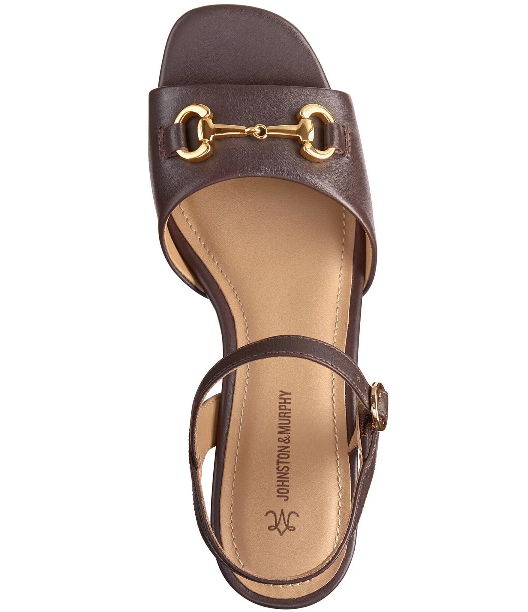 Johnston & Murphy Women's Edith Leather Bit Buckle Ankle Strap Stack Heel Sandals