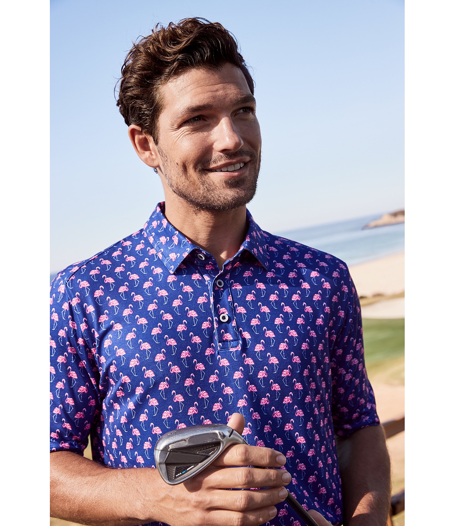 Johnston & Murphy XC4 Flamingo Print Performance Short Sleeve Polo Shirt