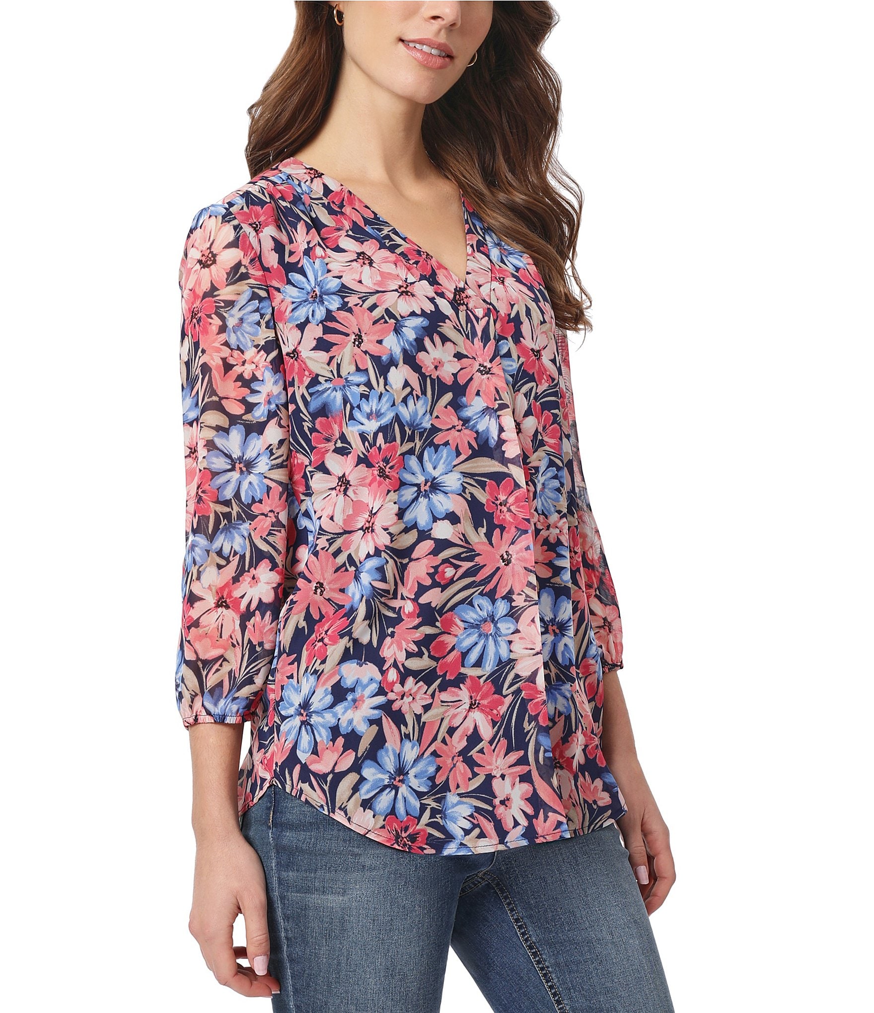 Womens V Neck Floral Tunic Blouse T-Shirt Ladies Long Sleeve