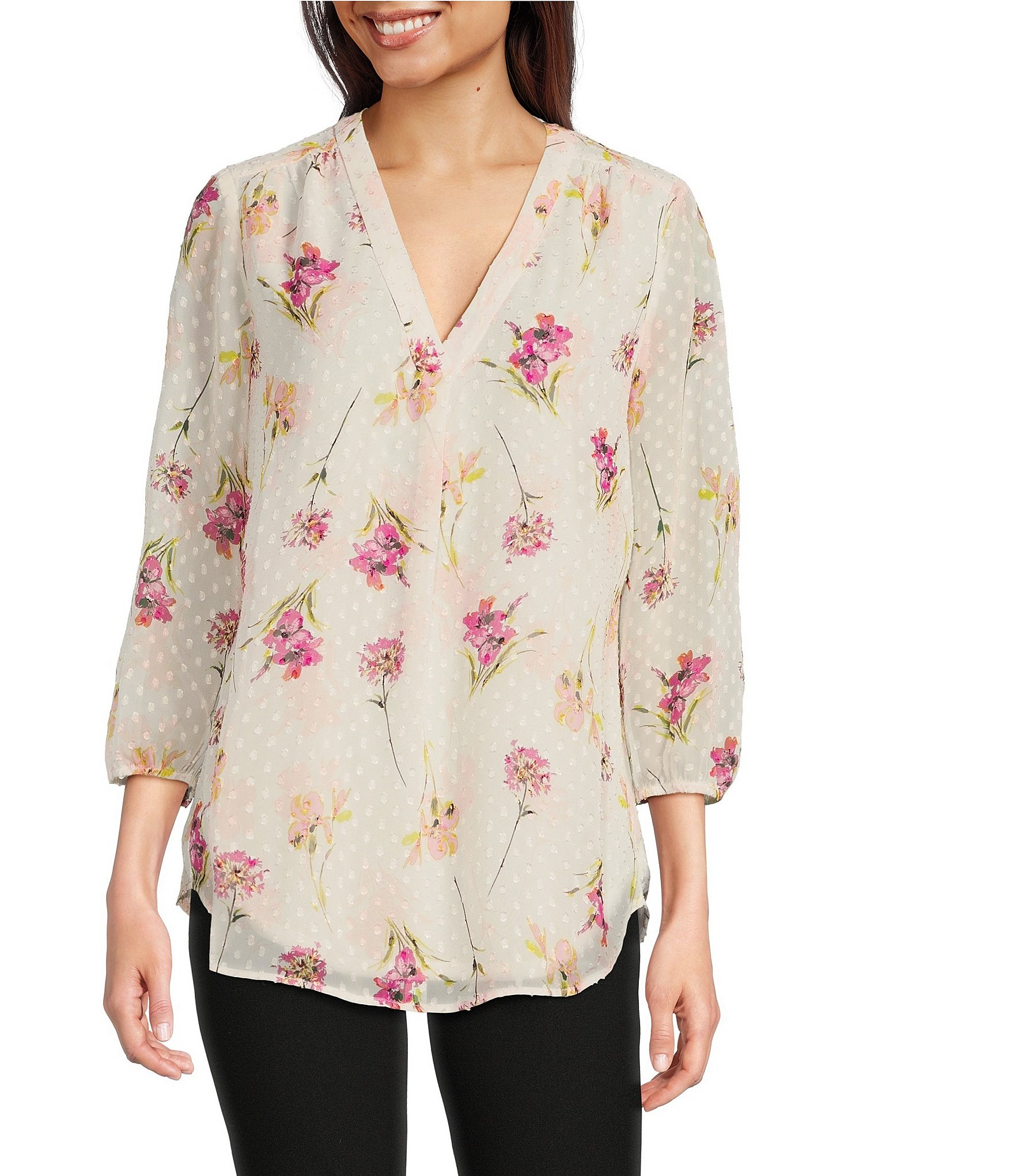 Jones New York Clip Dot Chiffon Floral Printed V-Neck 3/4
