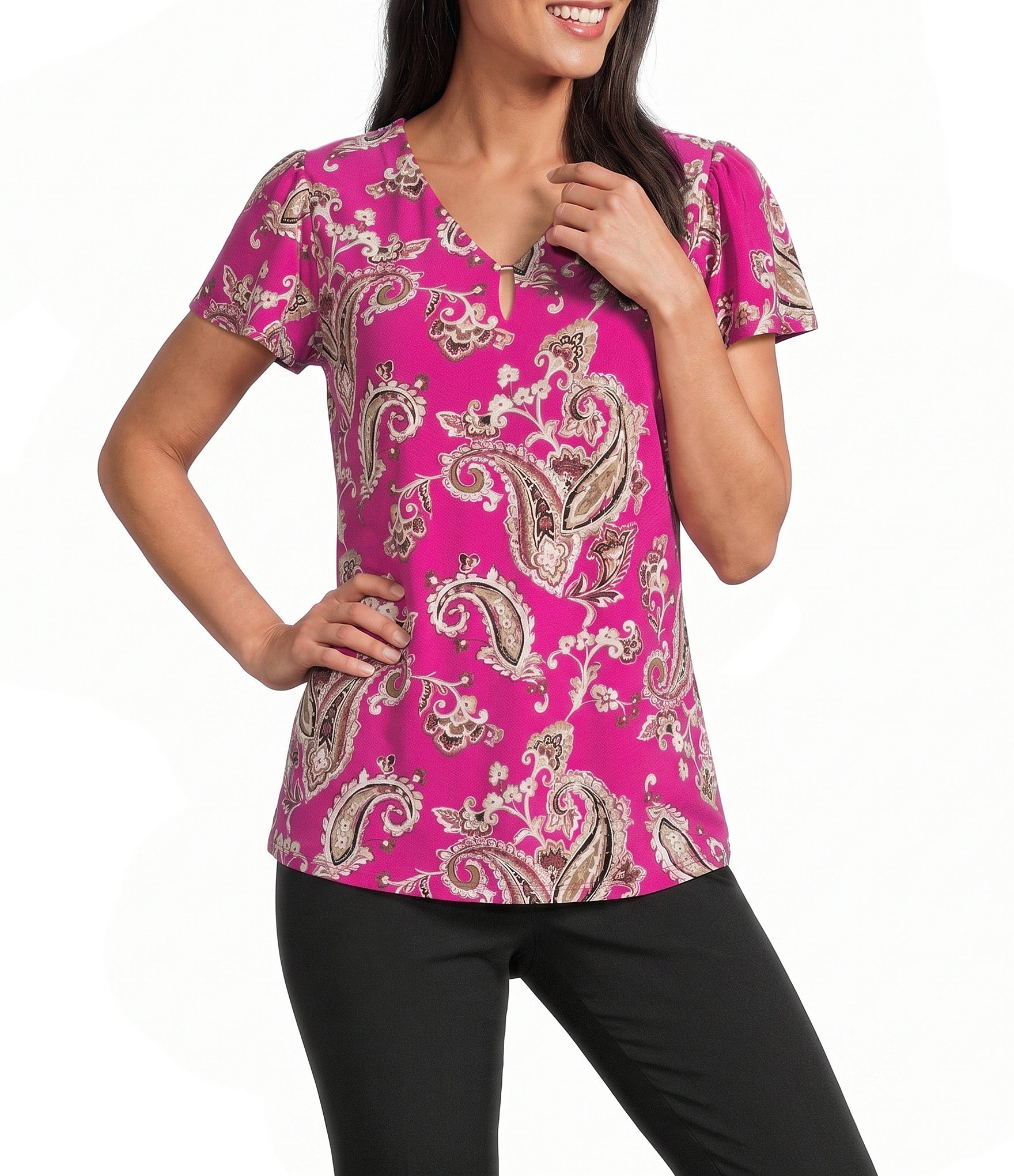Jones New York Knit Printed V-Neck Flutter Sleeve Top