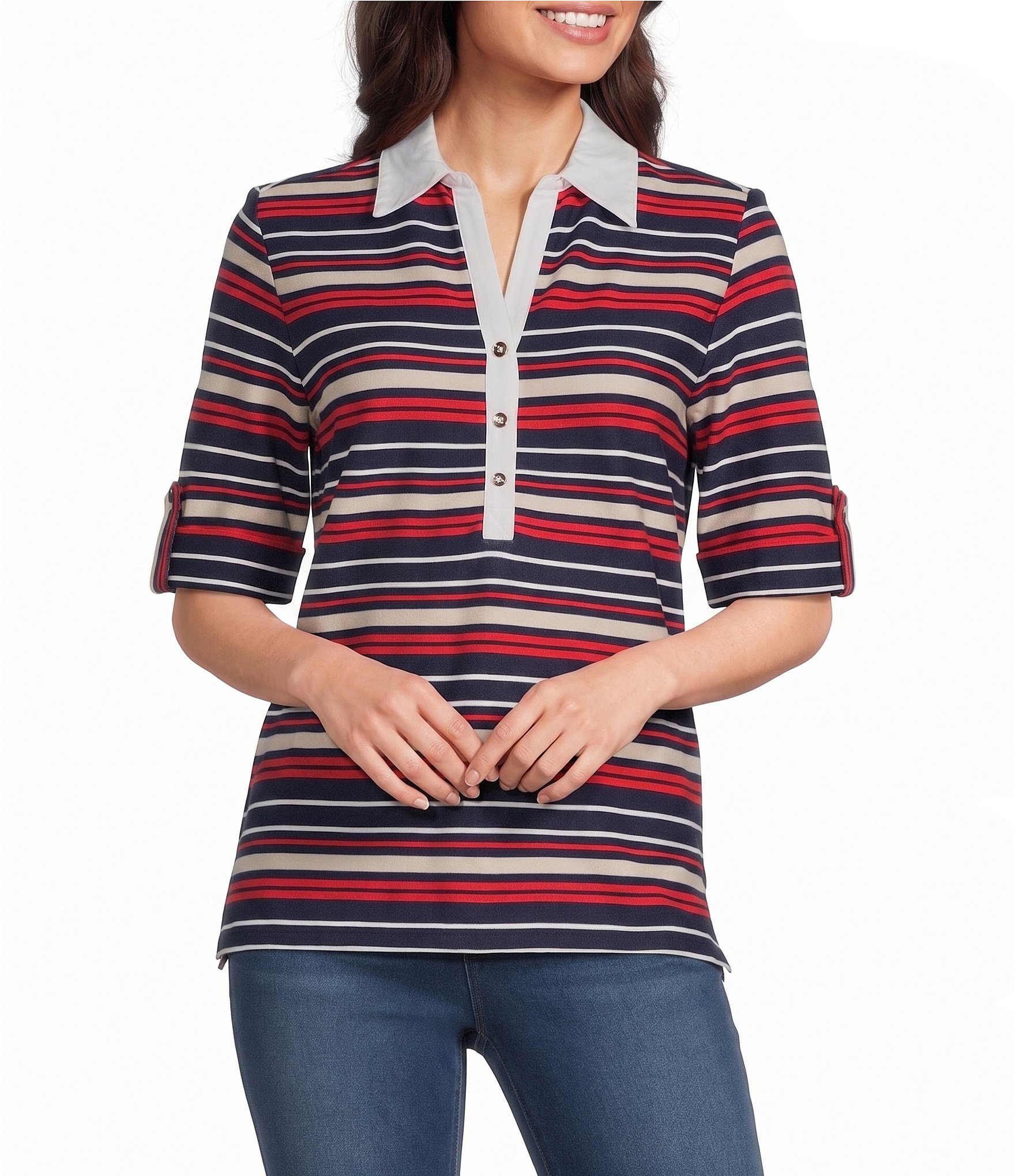 Jones New York Knit Stripe Polo Collar Elbow Sleeve Top