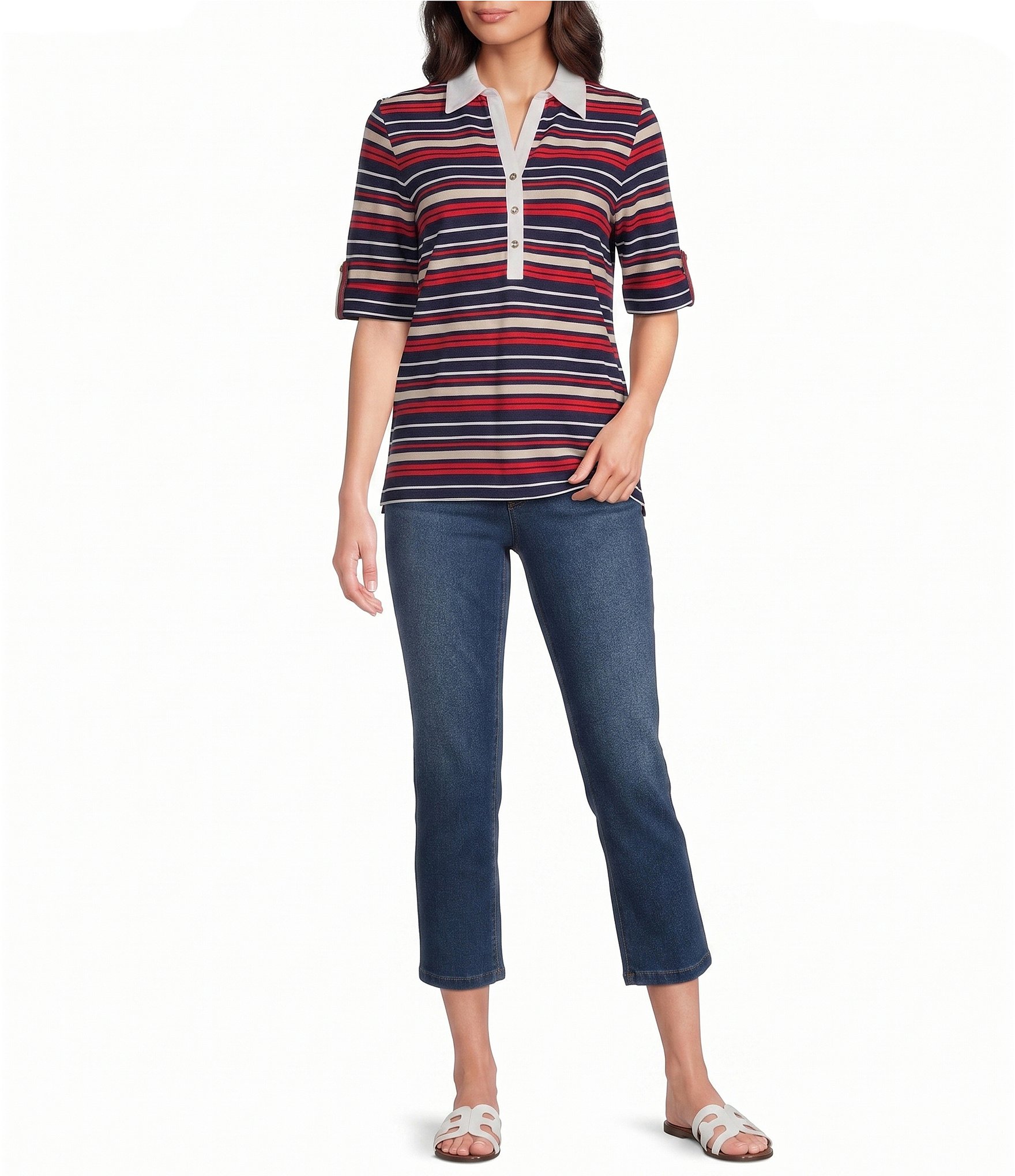 Jones New York Knit Stripe Polo Collar Elbow Sleeve Top