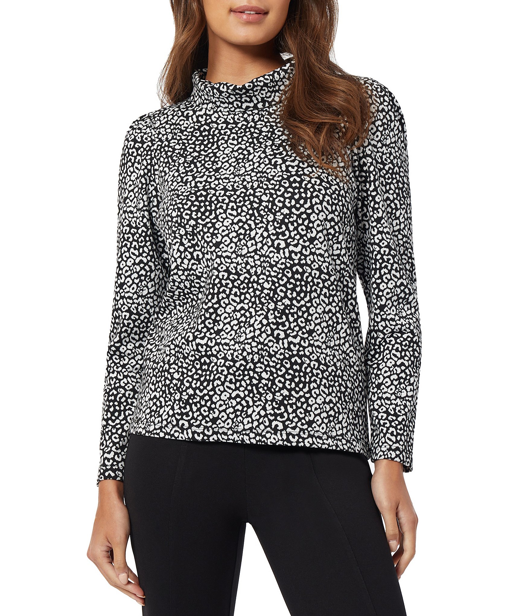 Jones New York Leopard Jacquard Knit Mock Neck Long Puff Sleeve Sweater