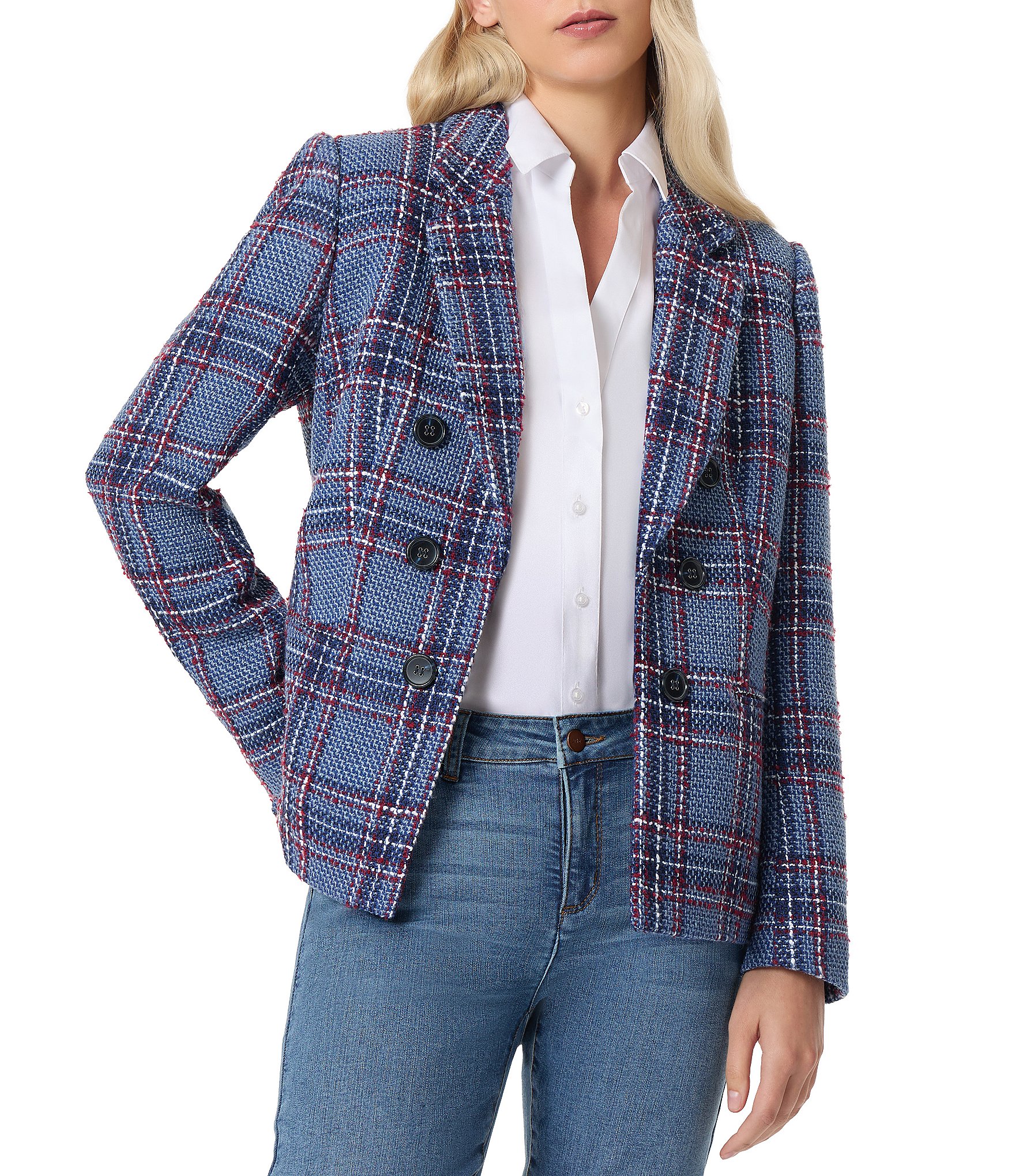 Jones New York Plaid Tweed Faux Double Breasted Blazer Dillards 6544