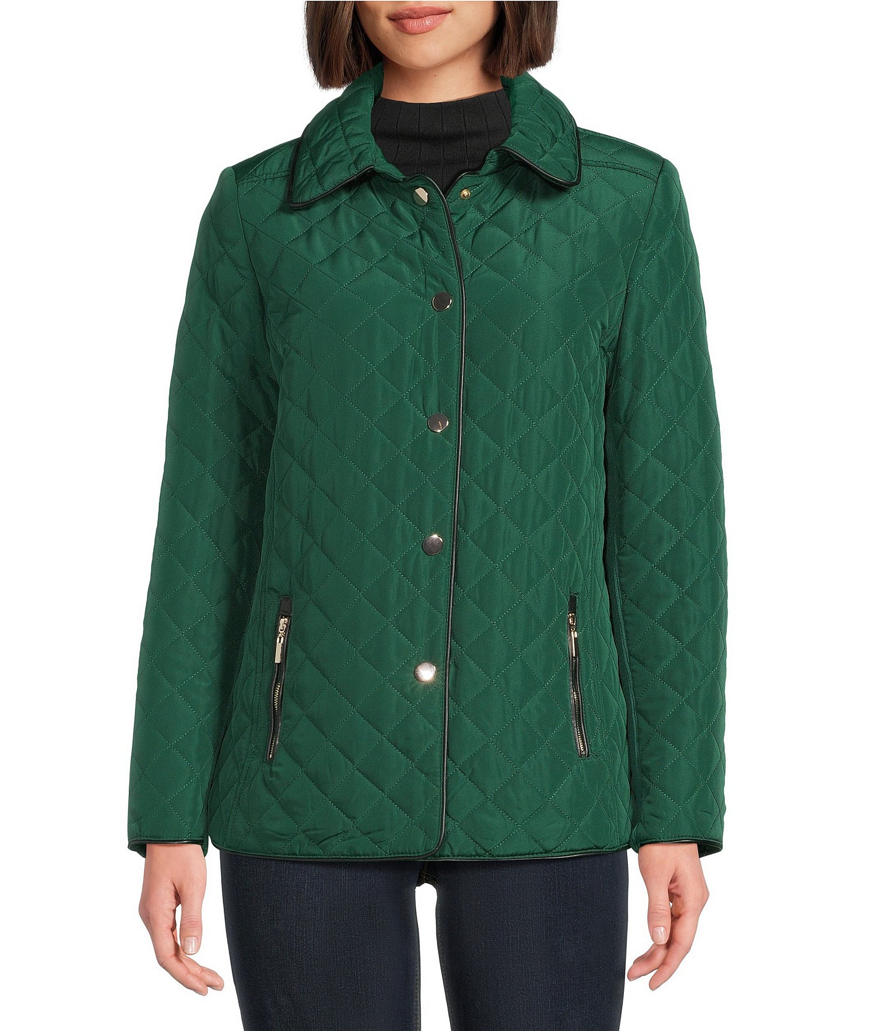Jones New York Quilted Point Collar Front Snap Jacket
