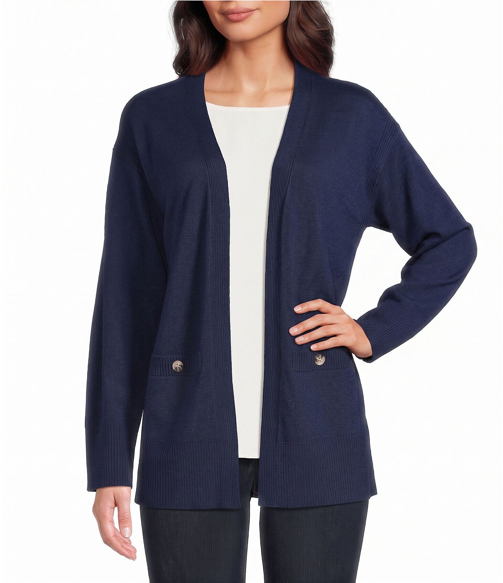 Jones New York Ribbed Knit Long Sleeve Open Front Cardigan