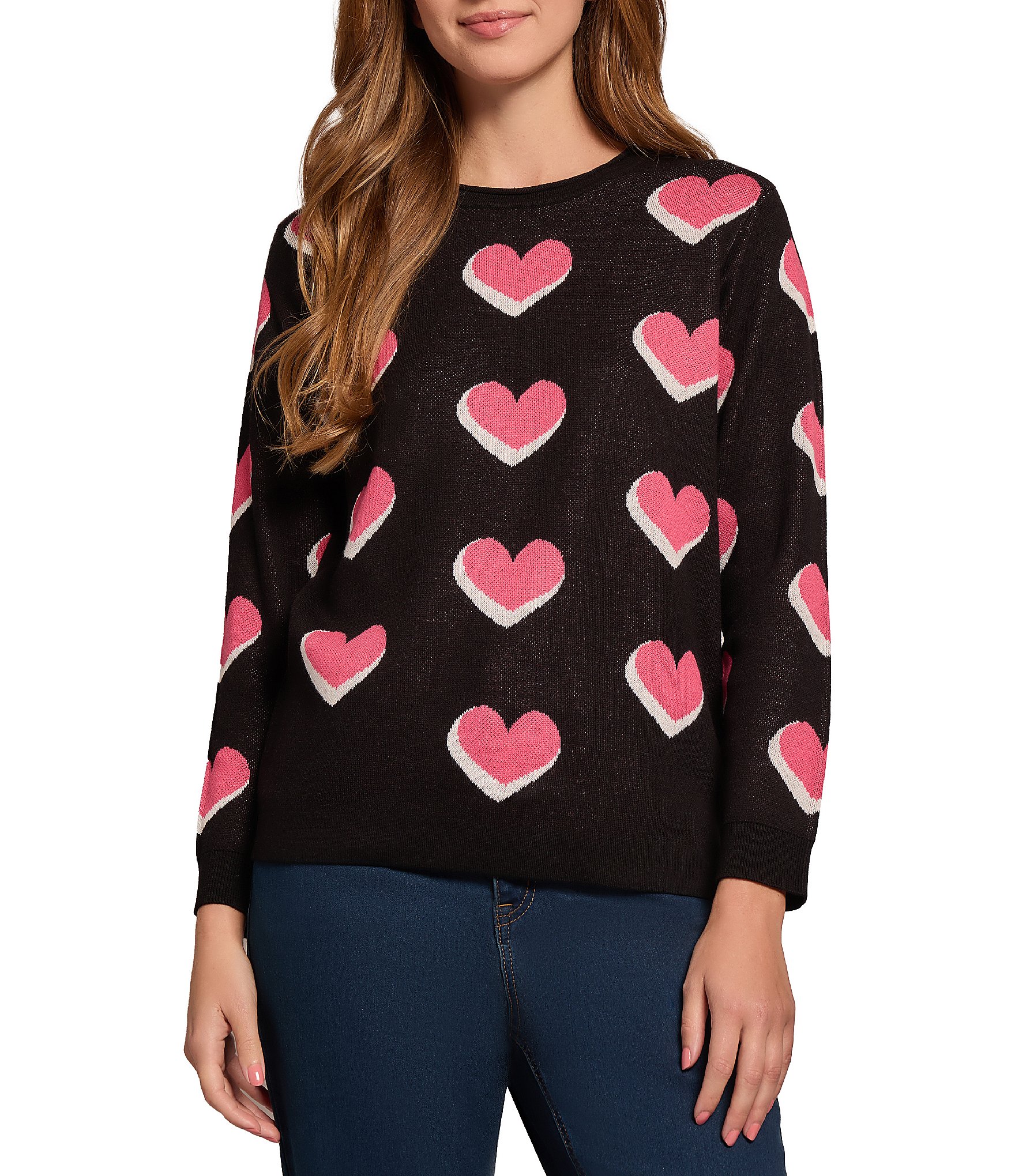 Jones New York Scatter Heart Crew Neck Long Sleeve Knit Top
