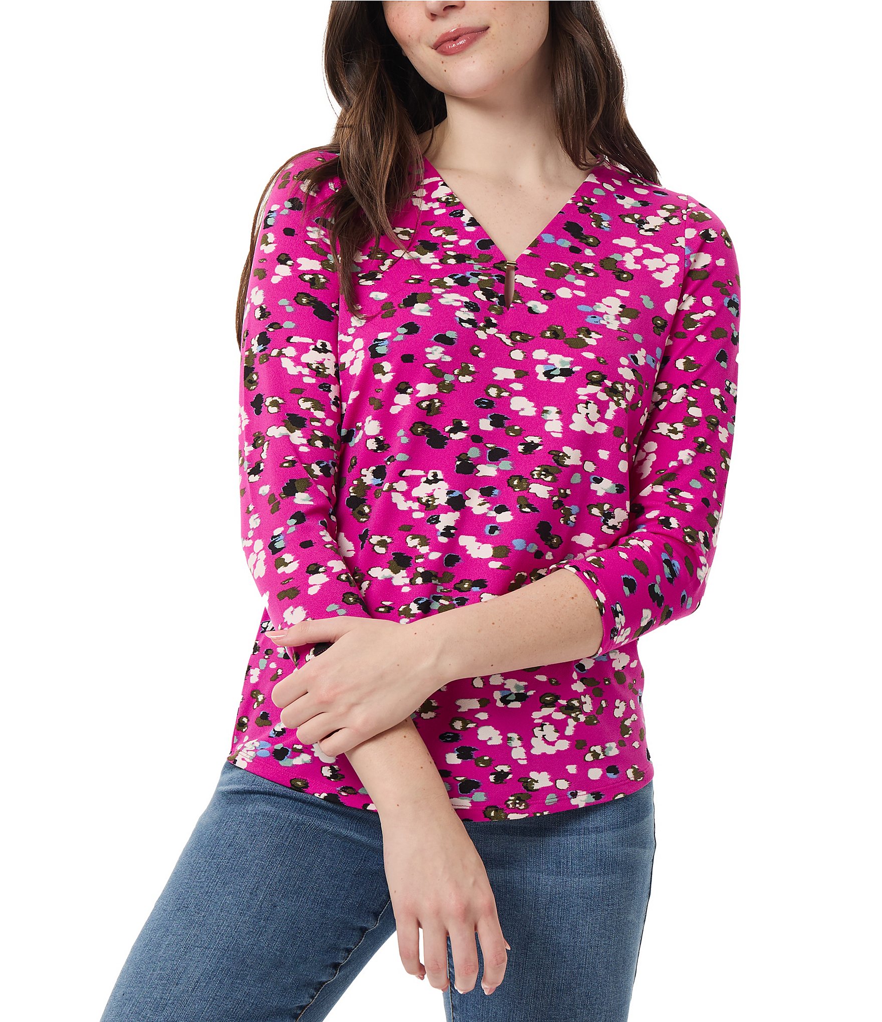 Jones New York Stretch Floral Print V Neckline 3/4 Sleeve Top