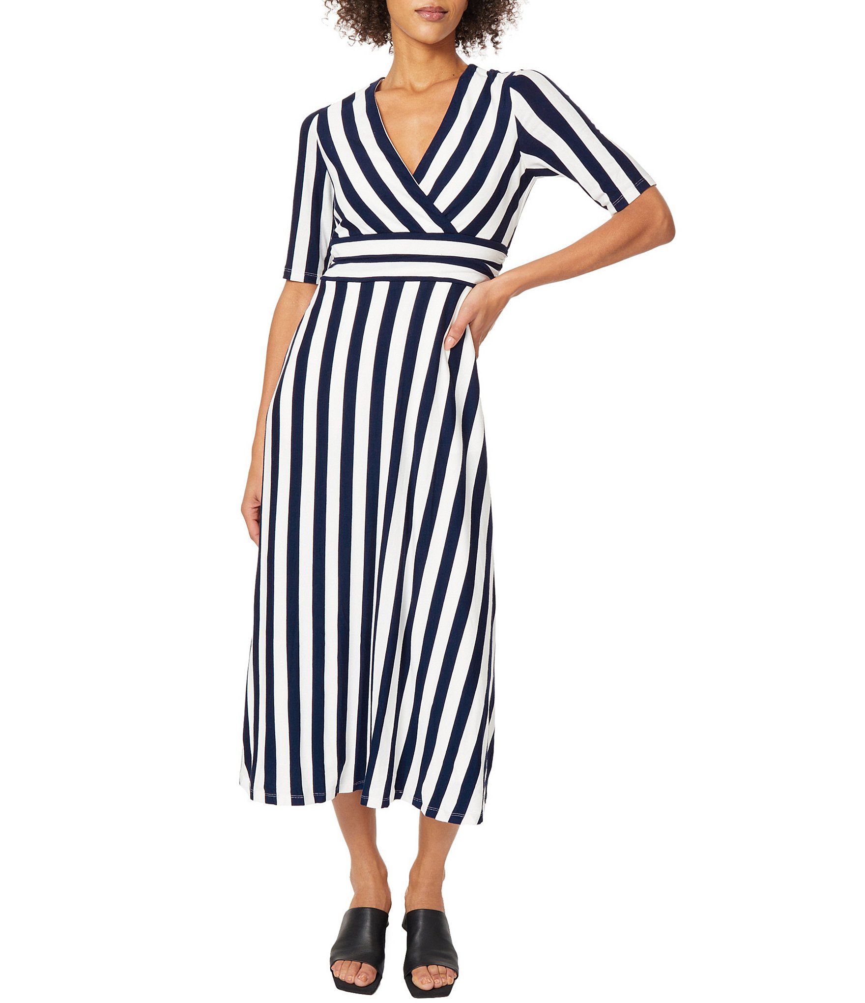 Jones New York Stripe Print V-Neck Ruched Waist Faux Wrap Midi Dress ...