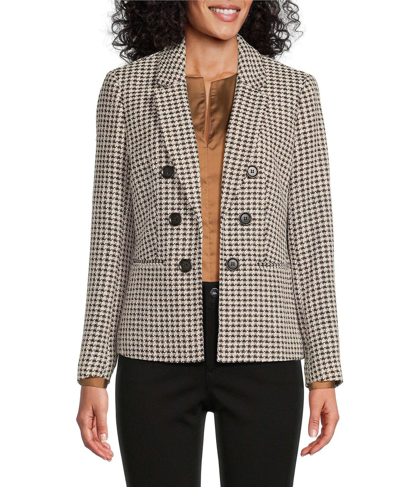 Jones New York Brushed Classic Plaid Wool Blend Faux Double Breasted Blazer