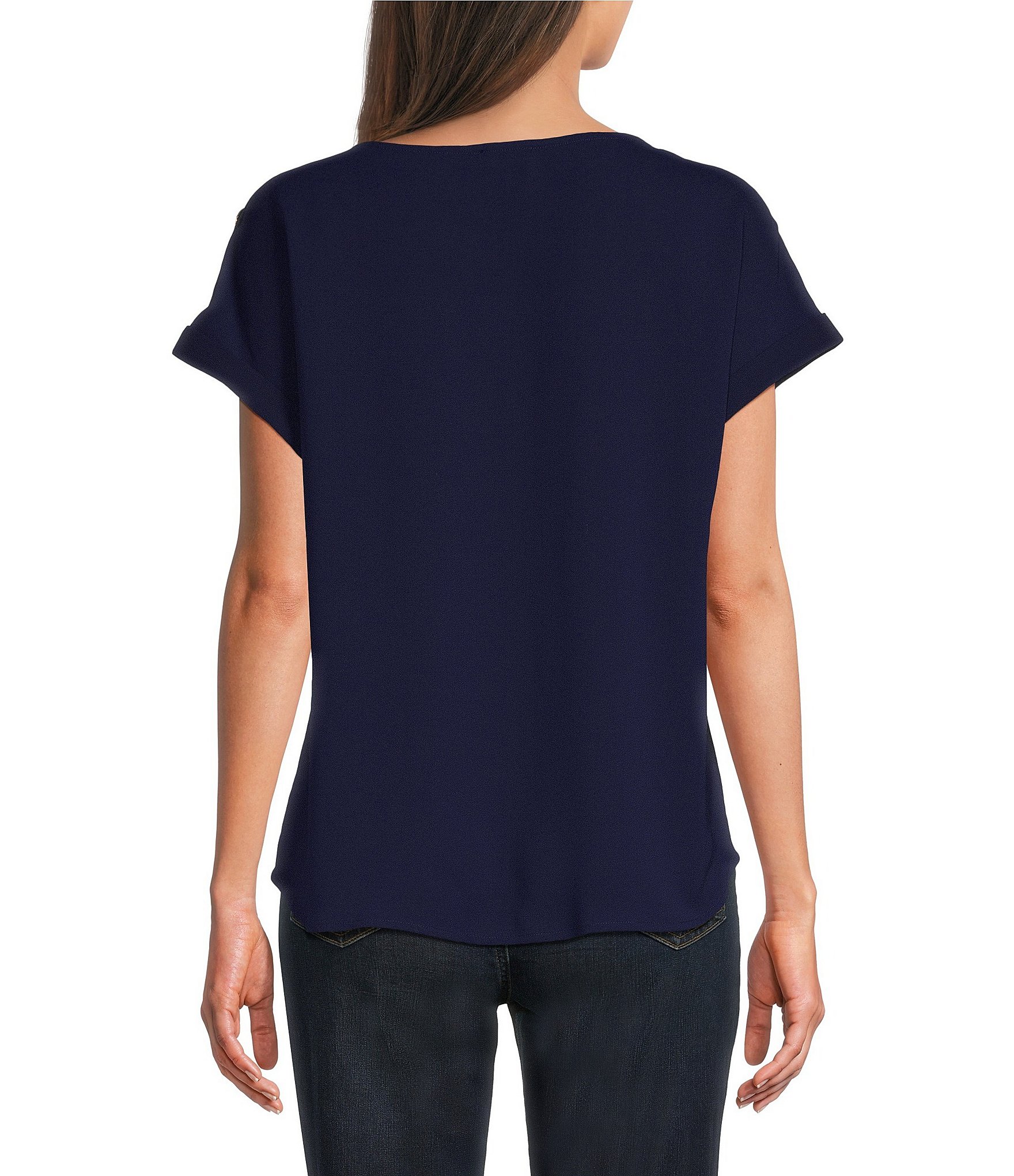 Jones New York Woven Crepe Round Neck Short Button Sleeve Blouse