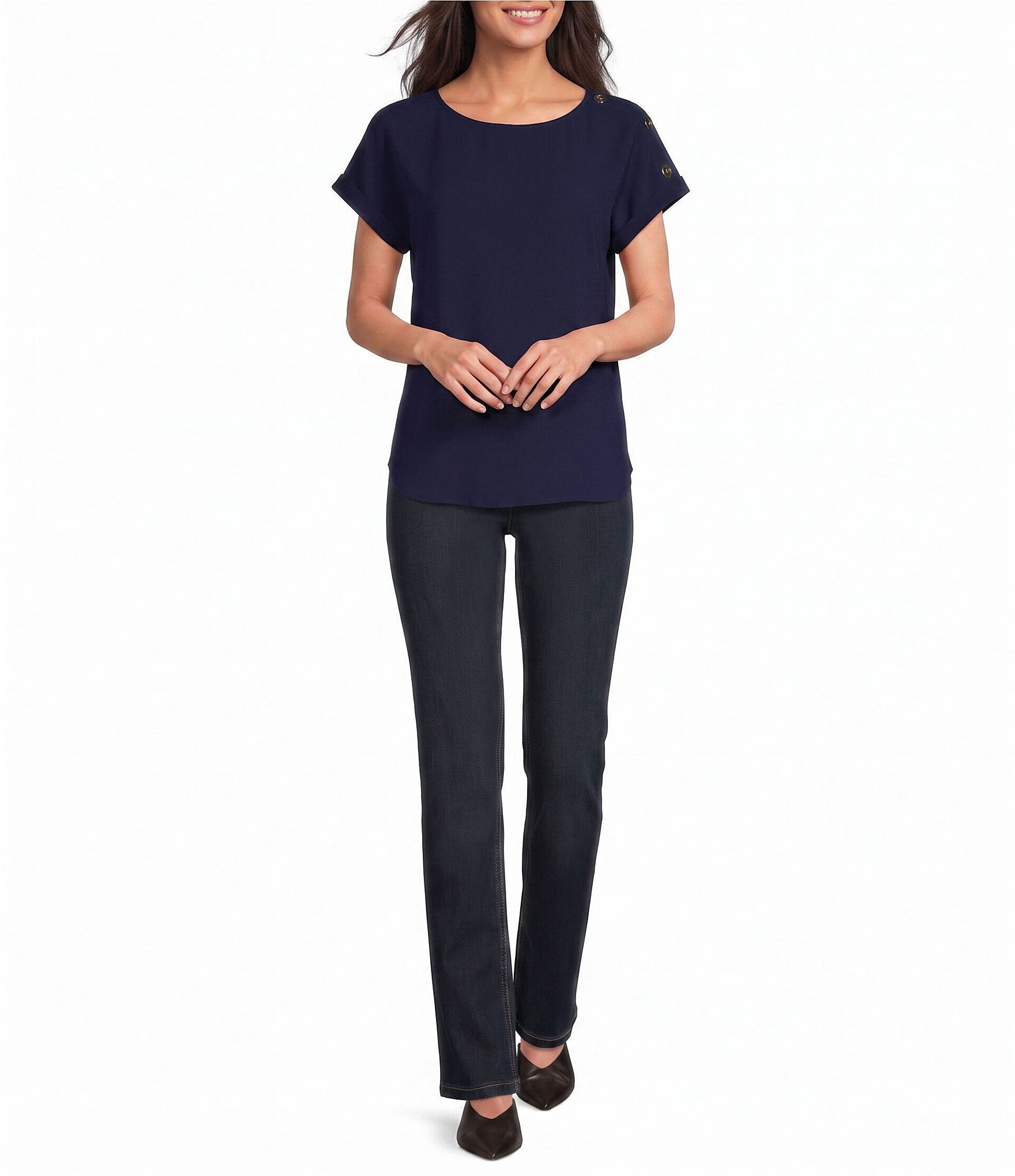 Jones New York Woven Crepe Round Neck Short Button Sleeve Blouse