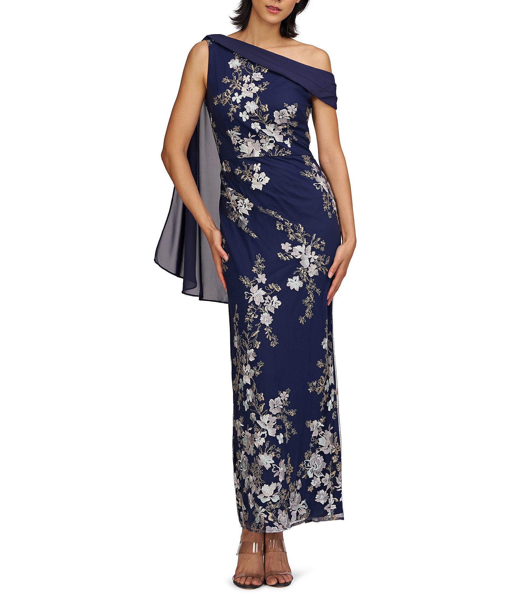 JS Collections Elisa Asymmetrical Neck Drape Scarf Shoulder Embroidered Mesh Column Gown