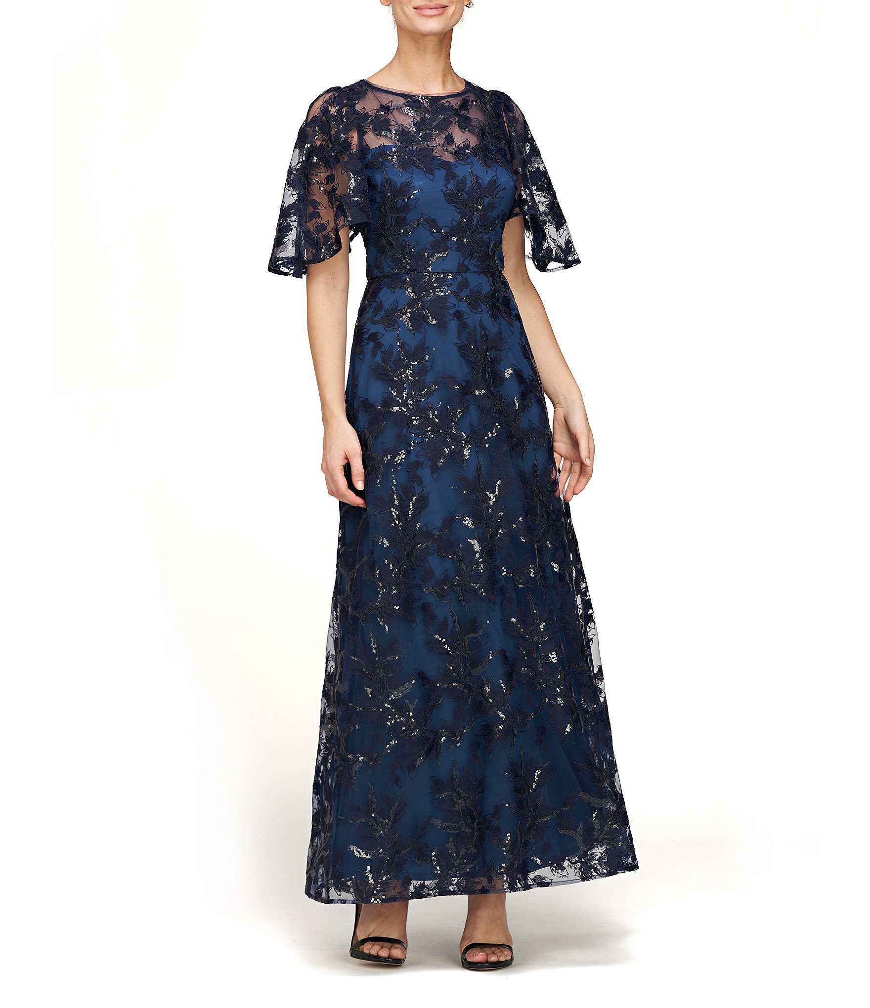 JS Collections Carter Sequin Floral Column Gown in Oxford Blue sold 2 New Womens