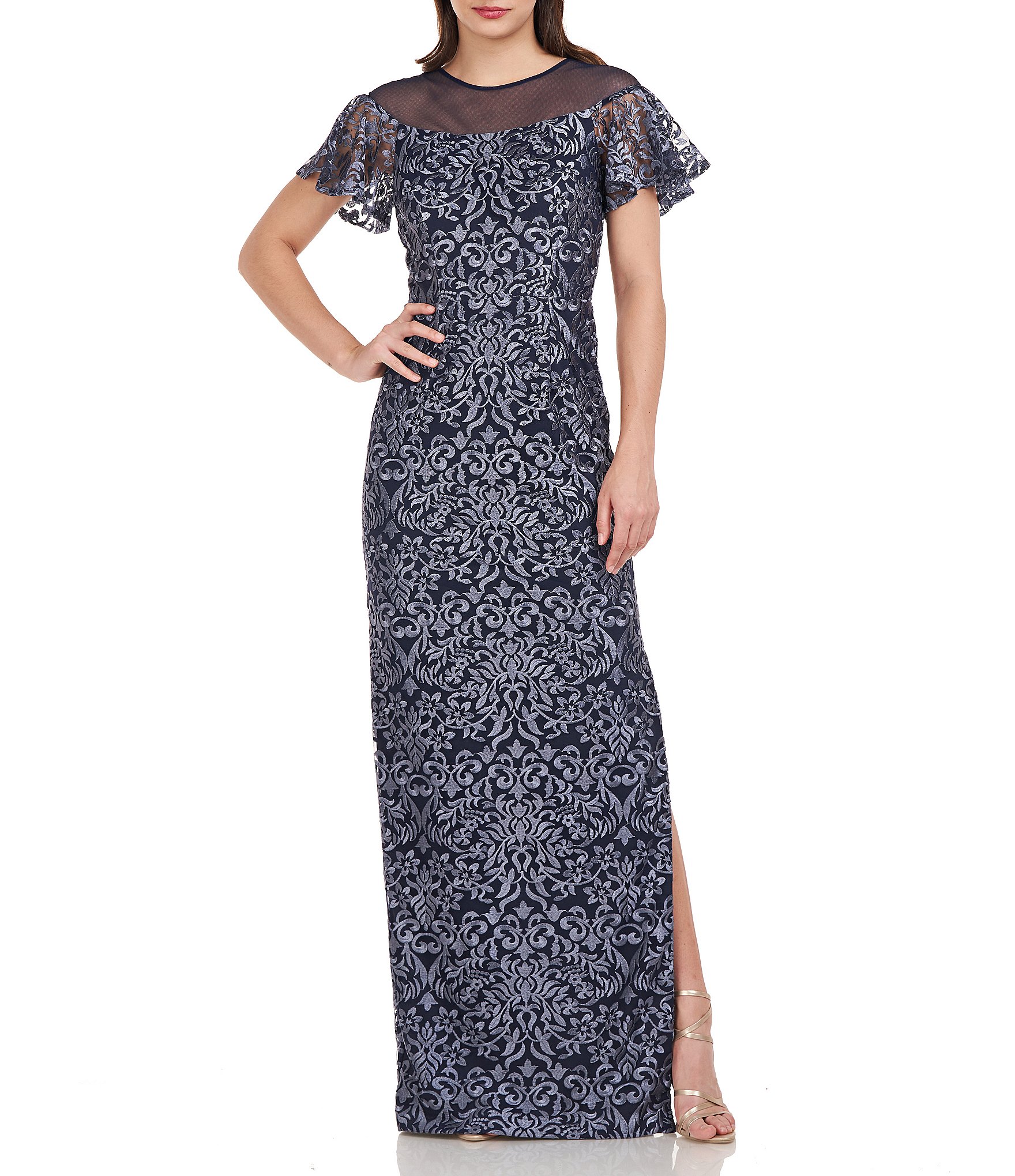 Js collections embroidered illusion gown hotsell