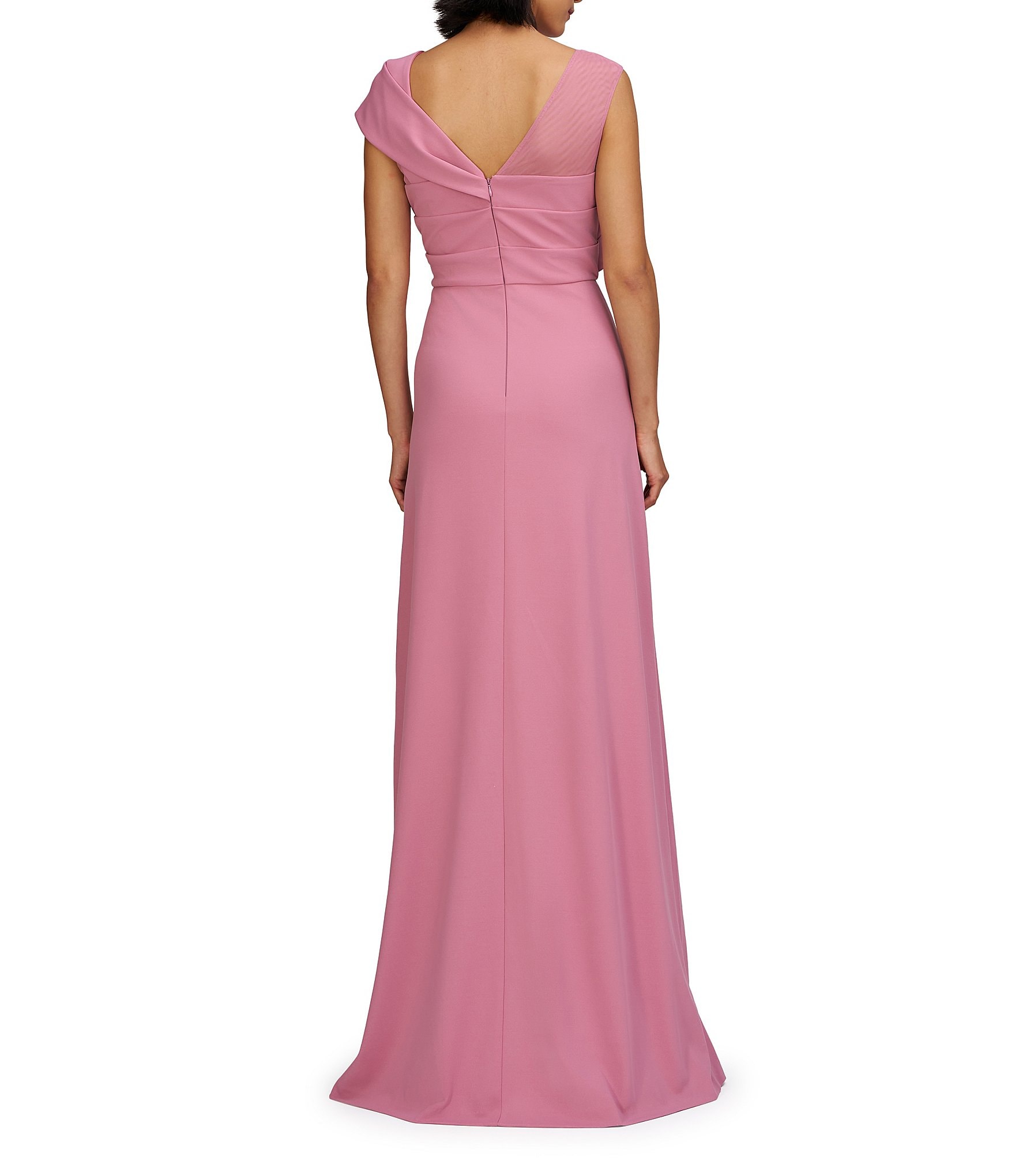 JS Collections Jordyn Illusion Round Neck Twist Front Pleated Bodice Crepe Aline Gown