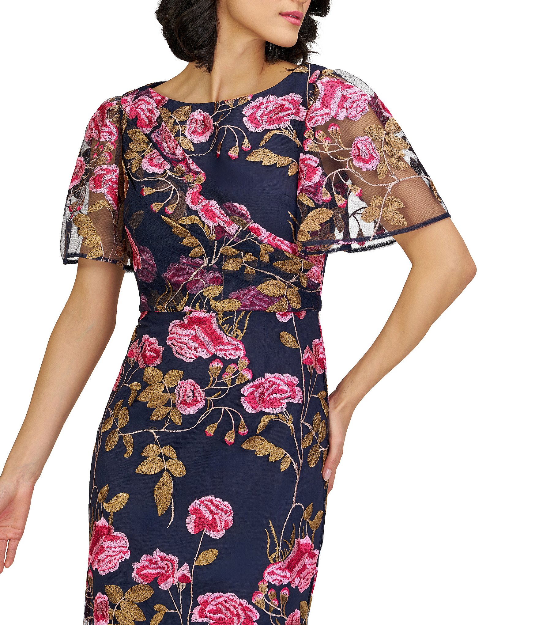 JS Collections Kristine Embroidered Mesh Floral Boat Neck Column Gown