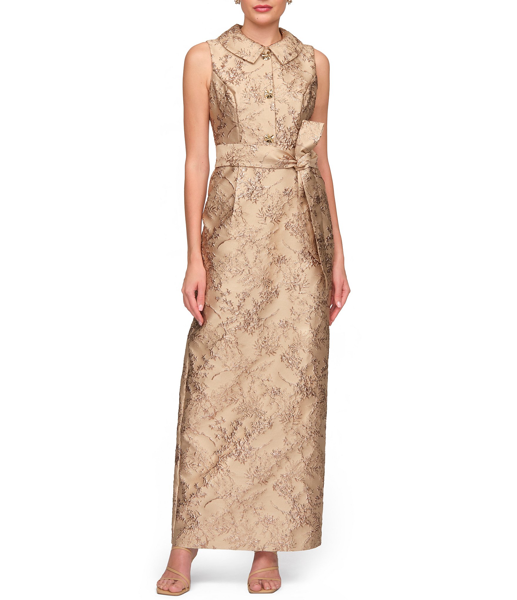 JS Collections Myrtle Metallic Jacquard Print Point Flat Collar Sleeveless Column Gown