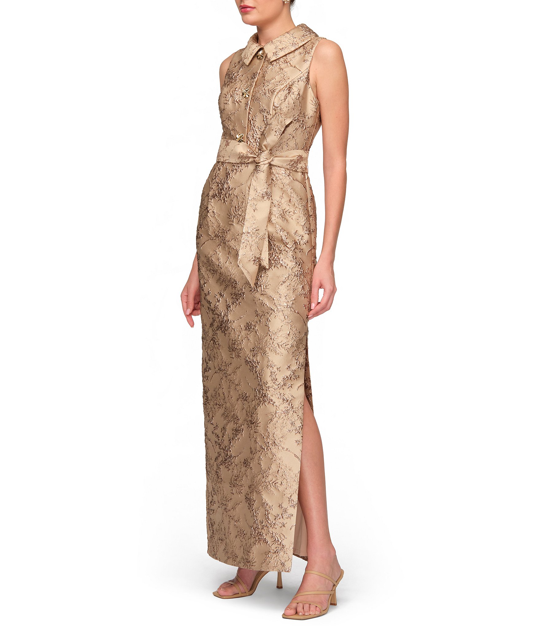JS Collections Myrtle Metallic Jacquard Print Point Flat Collar Sleeveless Column Gown