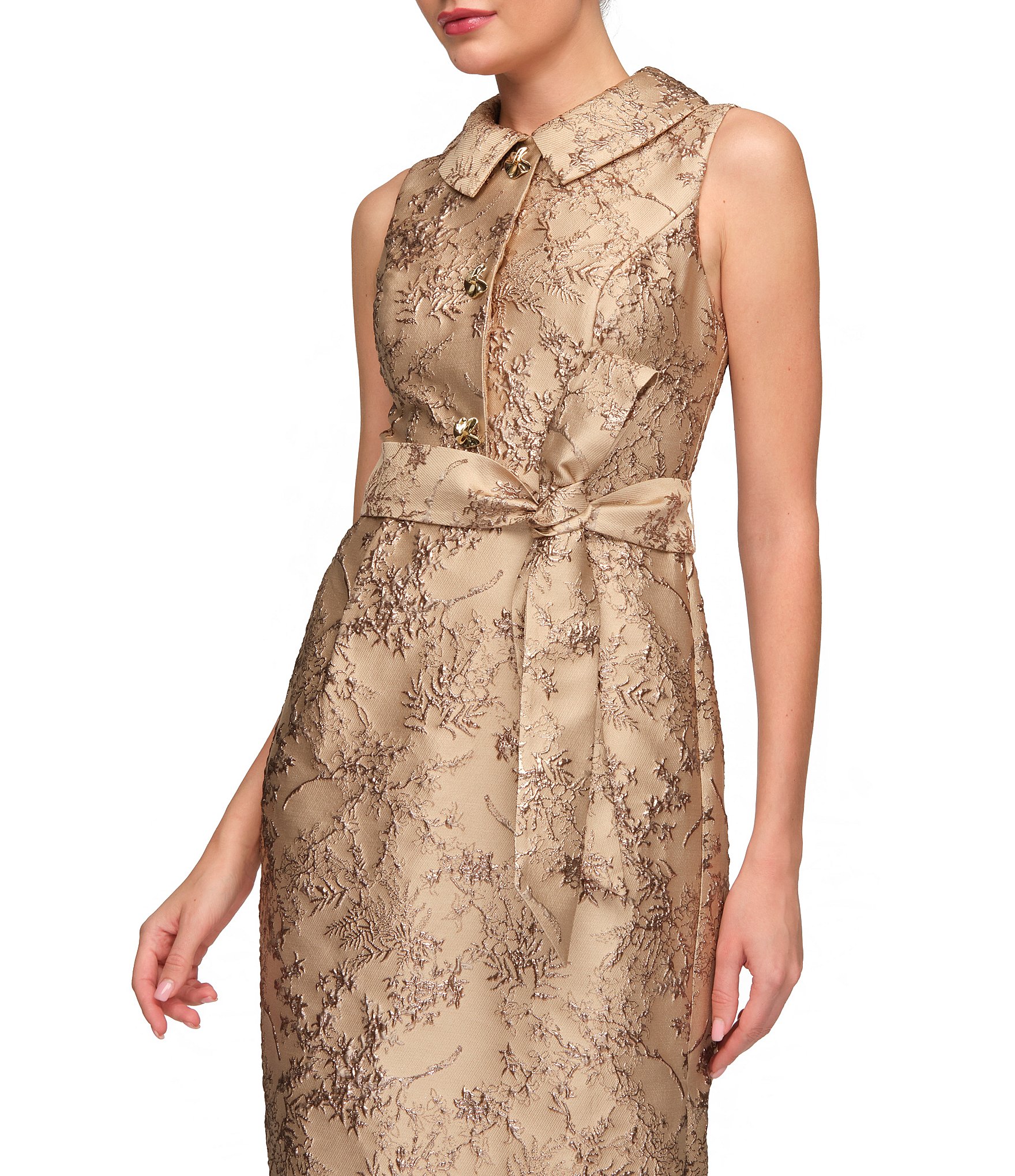 JS Collections Myrtle Metallic Jacquard Print Point Flat Collar Sleeveless Column Gown