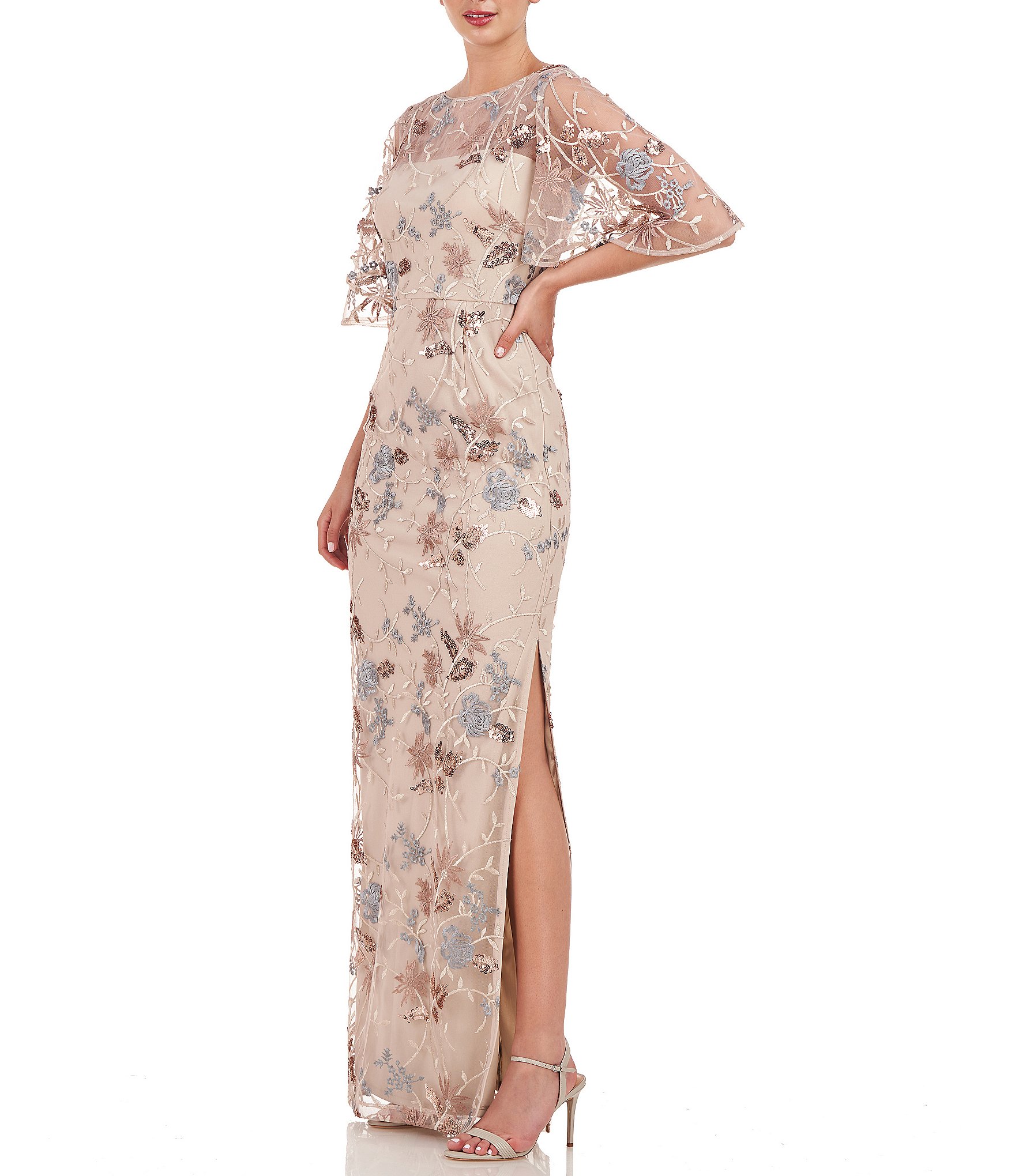 JS Collections Sequin Embroidered Mesh Short Flutter Sleeve Illusion Boat Neck Gown