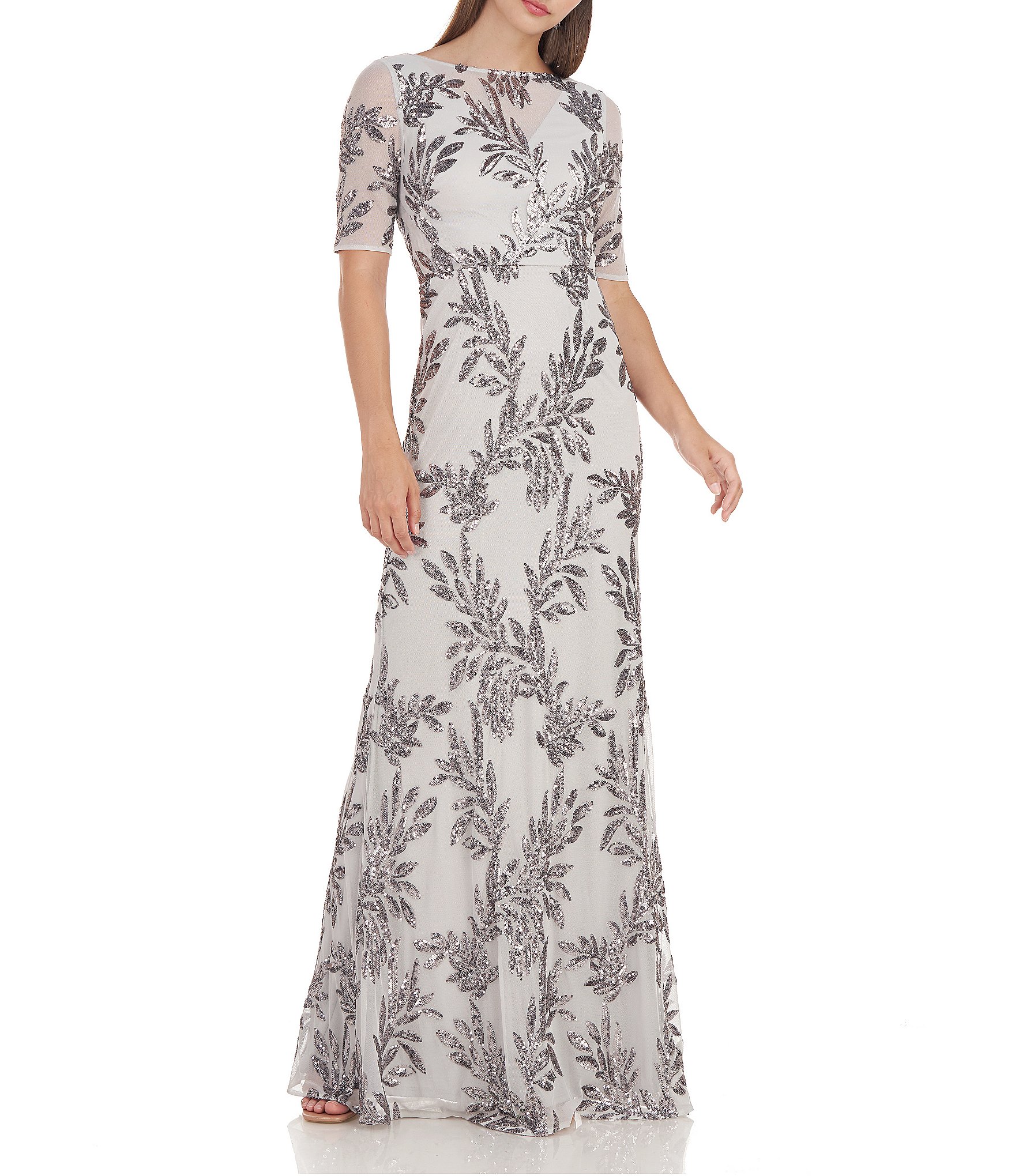 JS Collections Sequin Floral Print Short Sleeve Gown | Dillard's