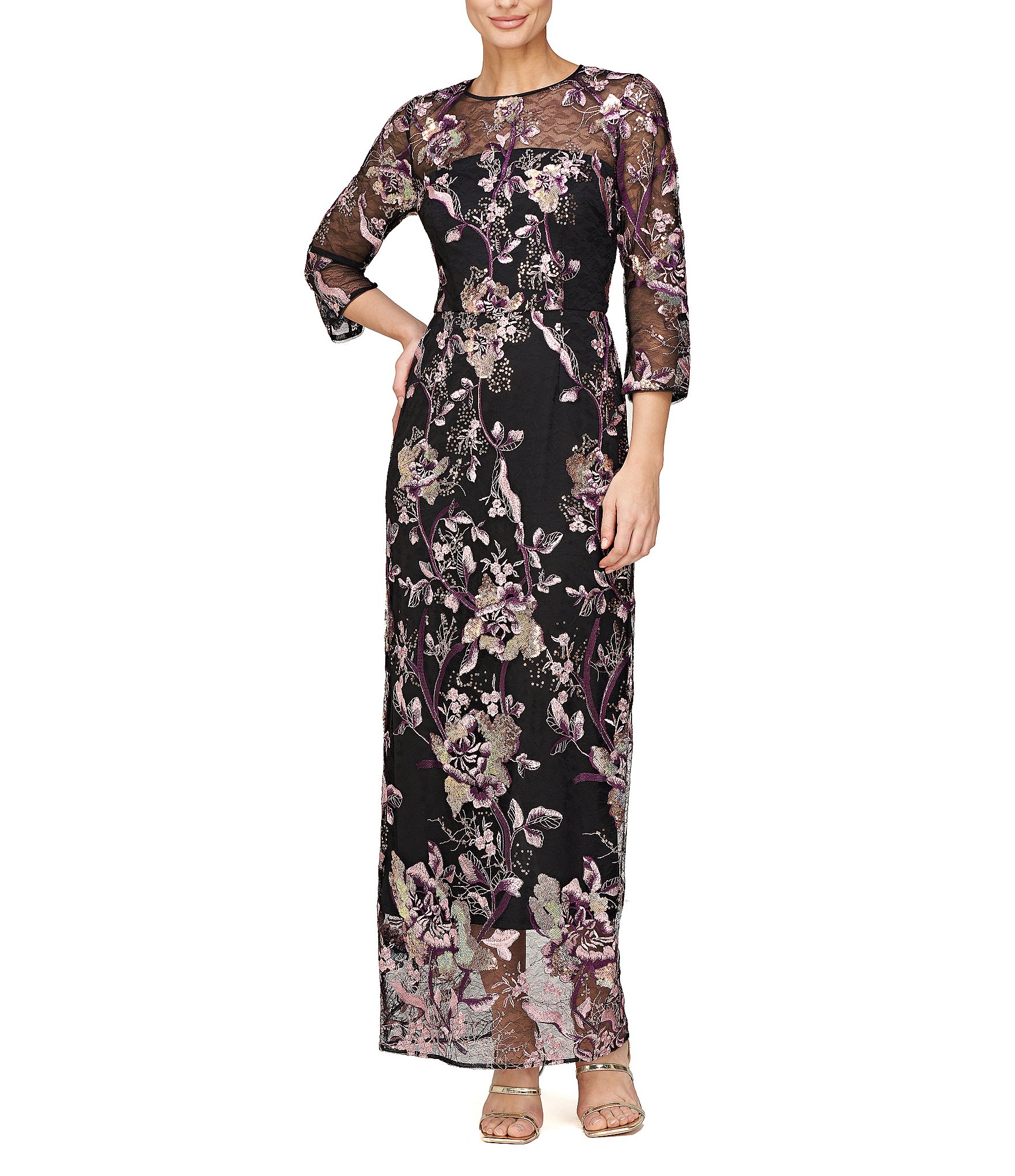 JS Collections Sequin Lace Mesh Embroidered Rose Vine Crew Neck 3 4 Sleeve Illusion Hem Column Gown Dillard s