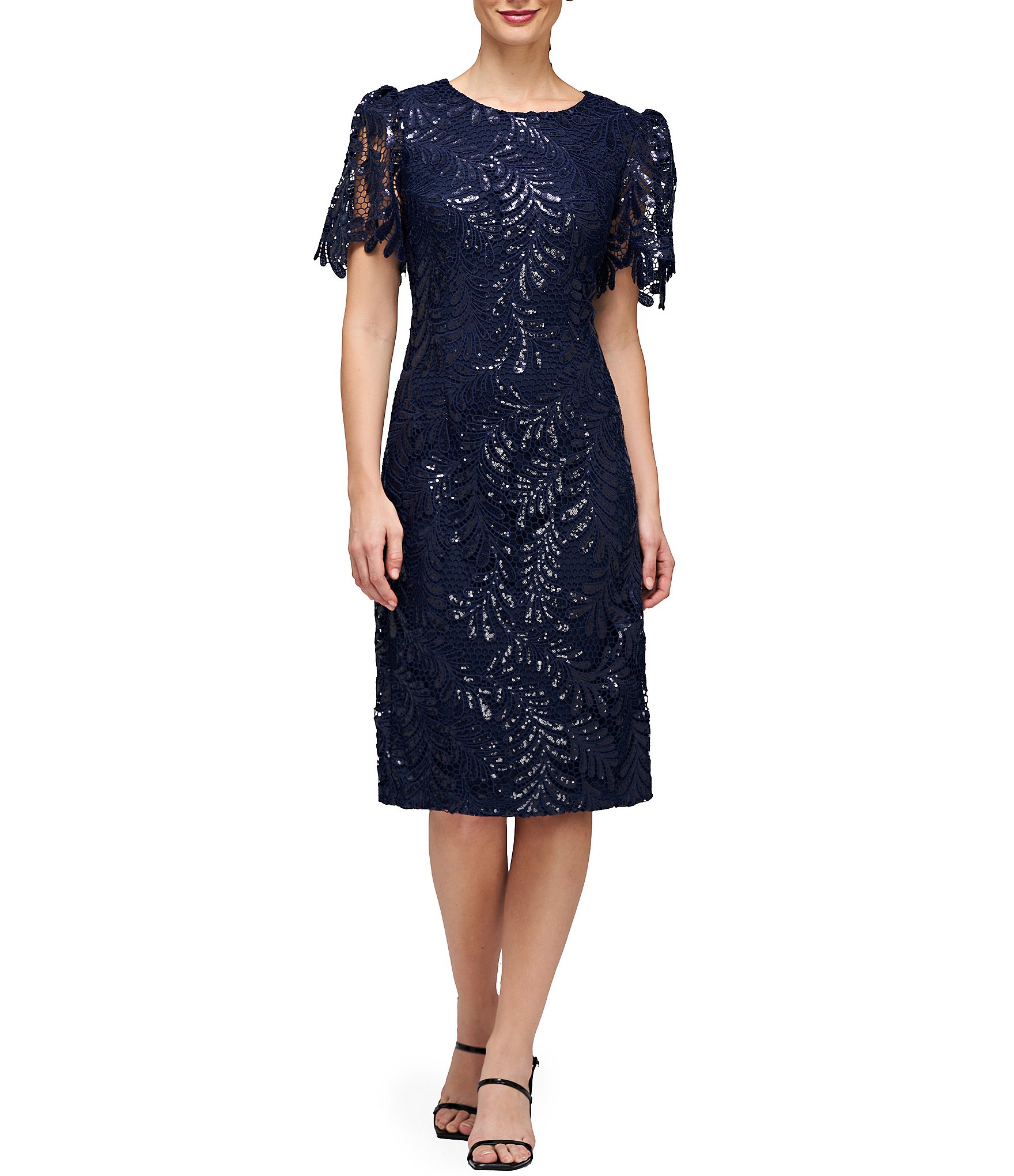 JS Collections Sequin Lace Round Neckline Short Puff Sleeve Sheath ...