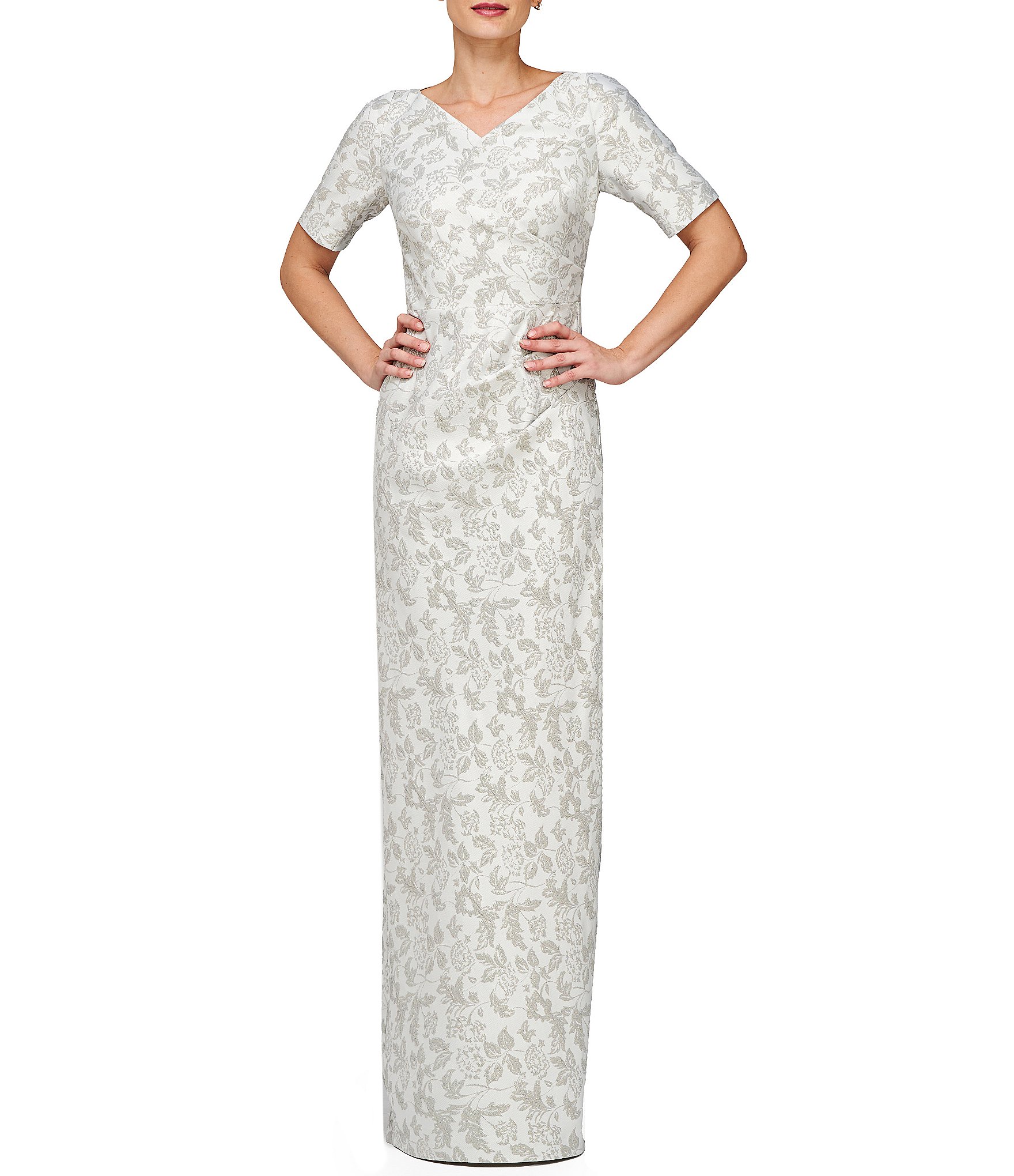 JS Collections Stretch Metallic Floral Jacquard V Neck Short Sleeve Pleated Column Gown Dillard s