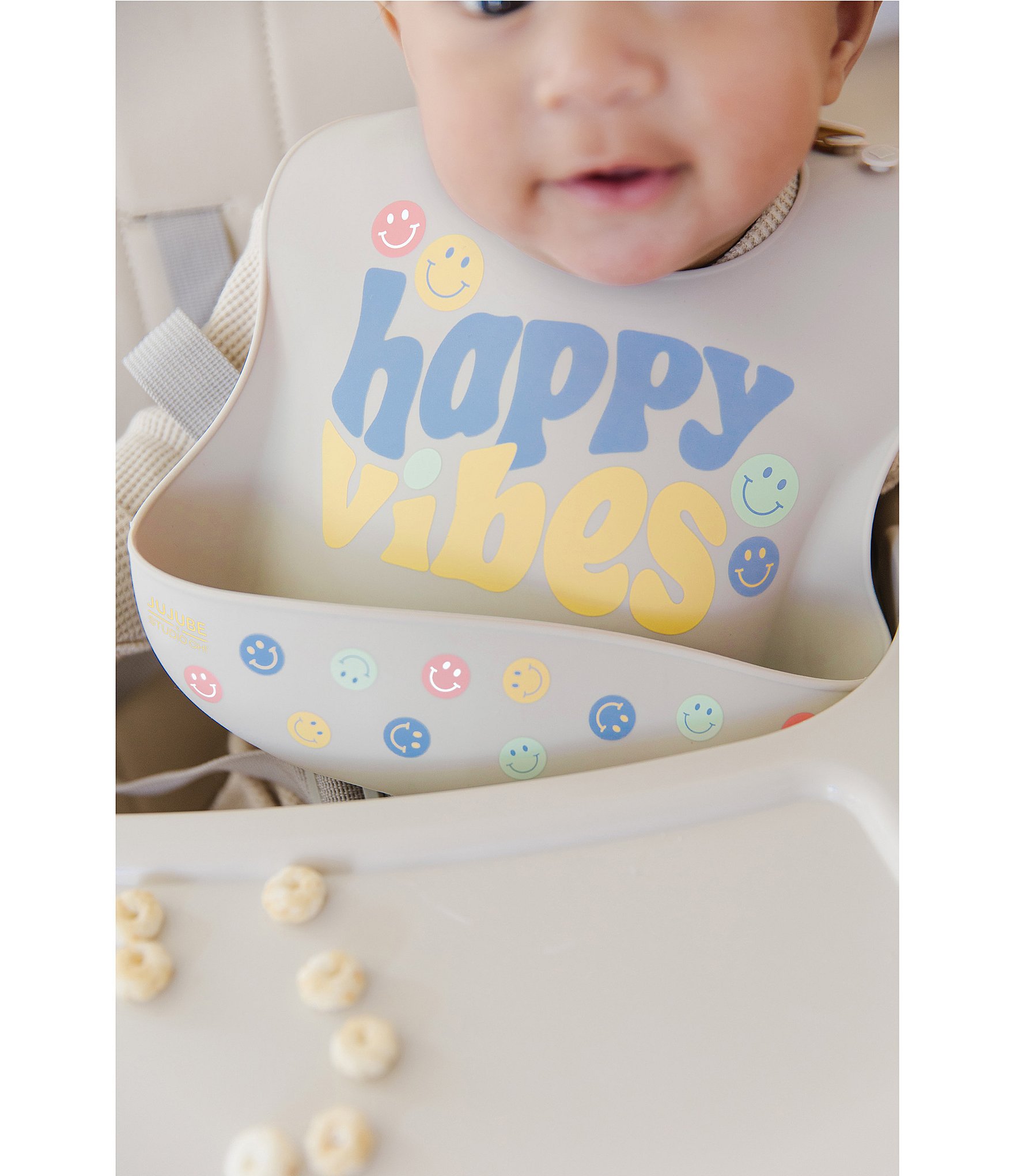 JuJuBe Everyday Essentials Happy Baby Vibes Swaddle Blankets, Reversible Blanket, Socks, Bib, & Teether Ring, Baby Bundle