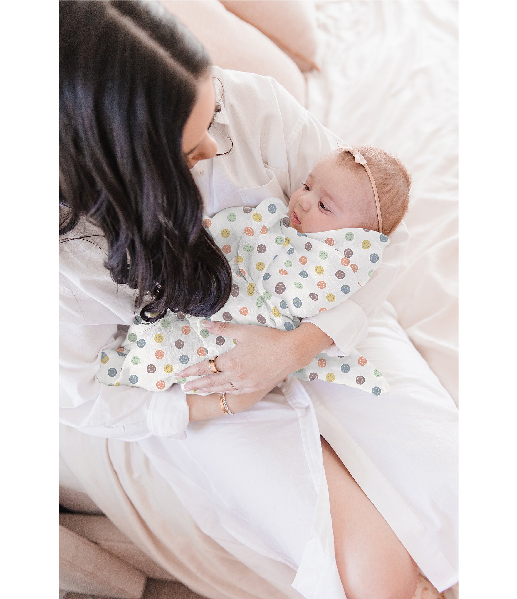 JuJuBe Everyday Essentials Happy Baby Vibes Swaddle Blankets, Reversible Blanket, Socks, Bib, & Teether Ring, Baby Bundle