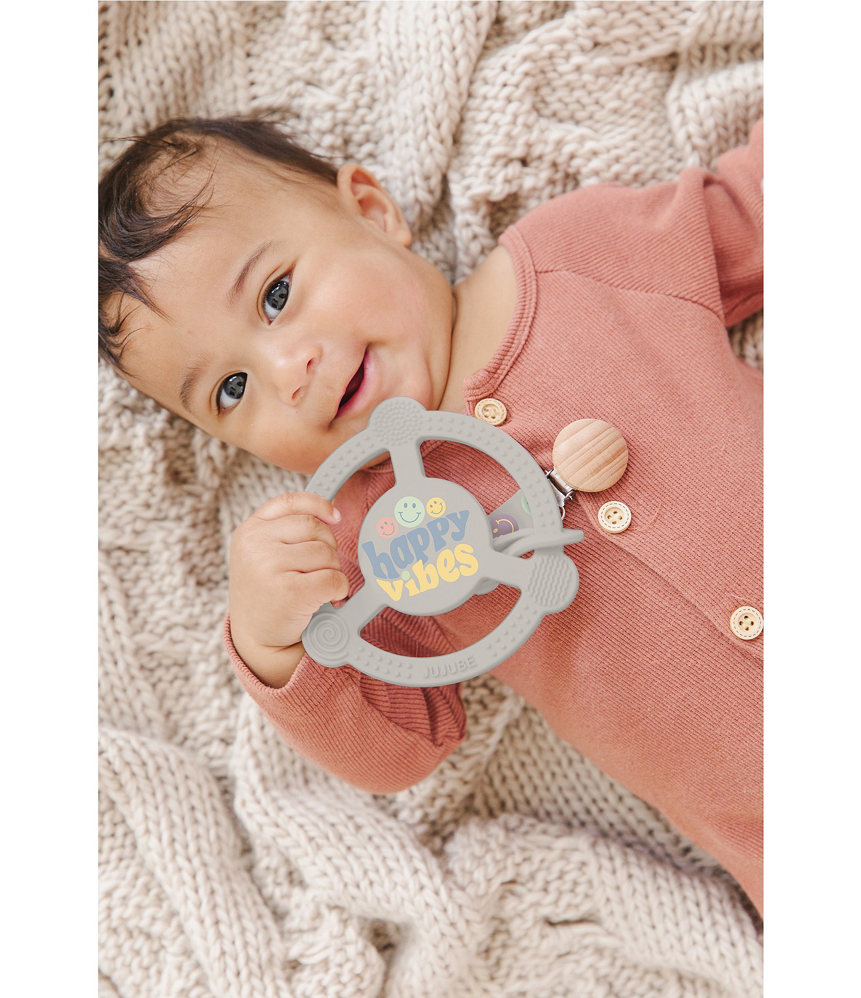 JuJuBe Everyday Essentials Happy Baby Vibes Swaddle Blankets, Reversible Blanket, Socks, Bib, & Teether Ring, Baby Bundle