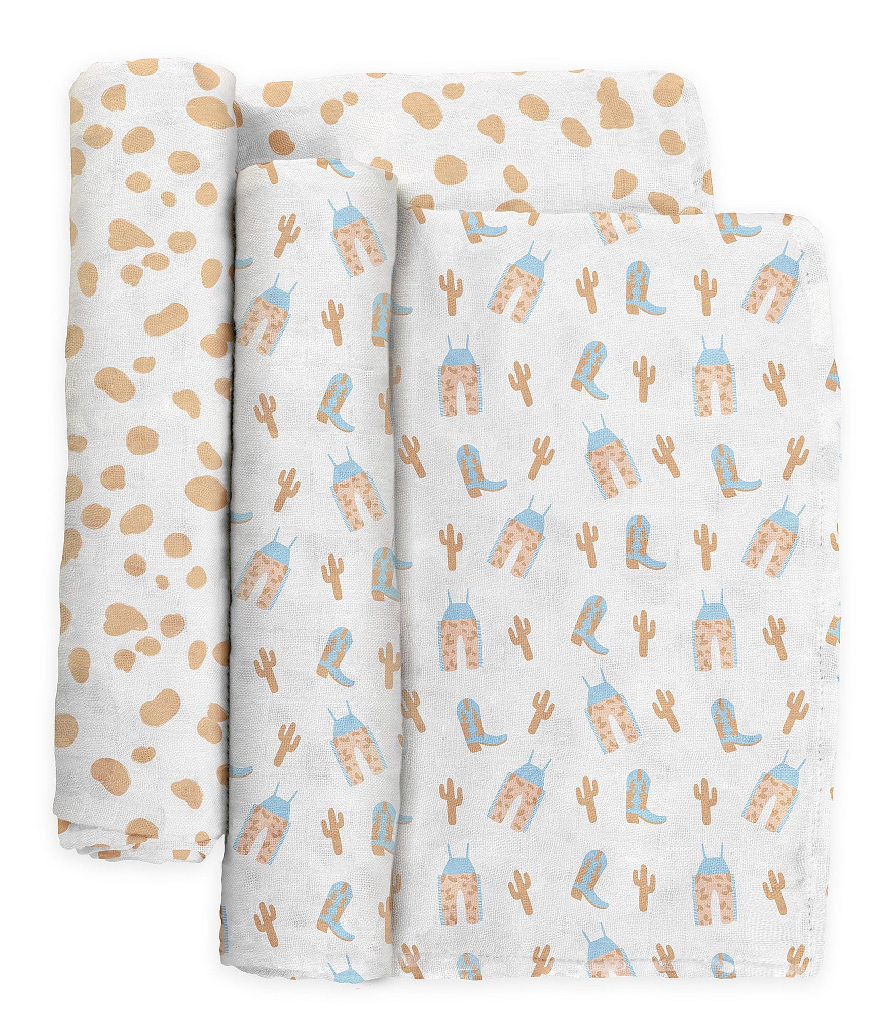 JuJuBe Everyday Essentials Howdy Partner Blue Swaddle Blankets, Reversible Blanket, Socks, Bib, & Teether Ring, Baby Bundle