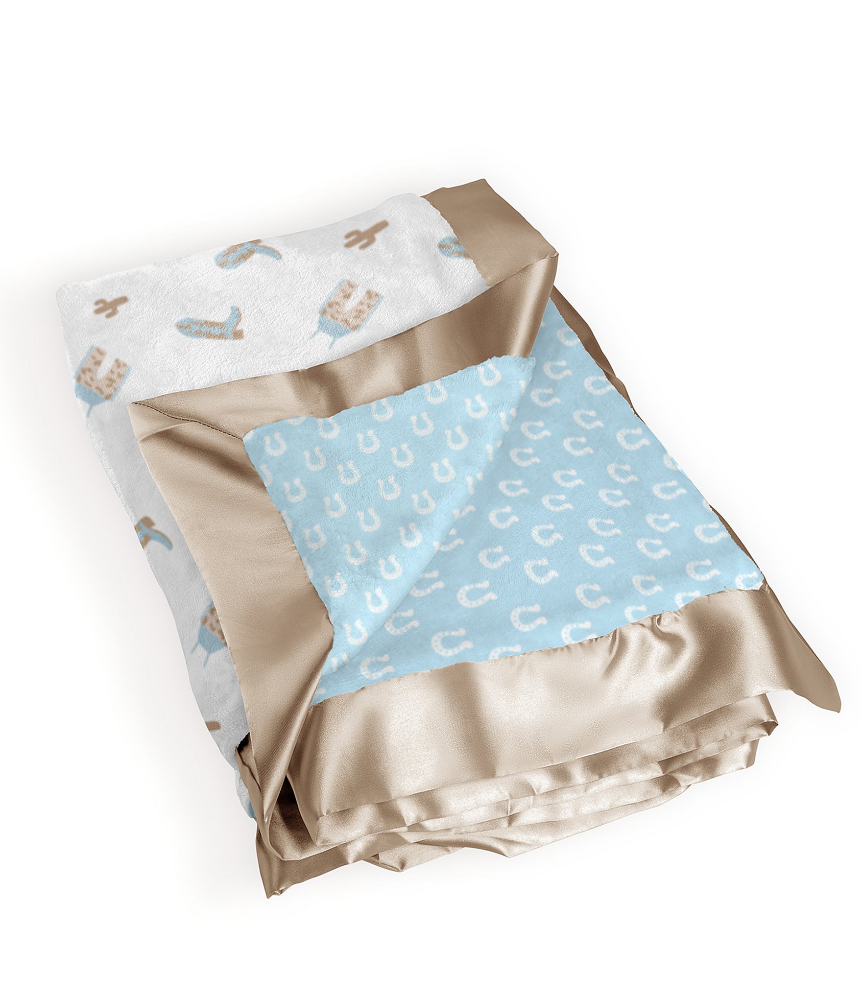 JuJuBe Everyday Essentials Howdy Partner Blue Swaddle Blankets, Reversible Blanket, Socks, Bib, & Teether Ring, Baby Bundle