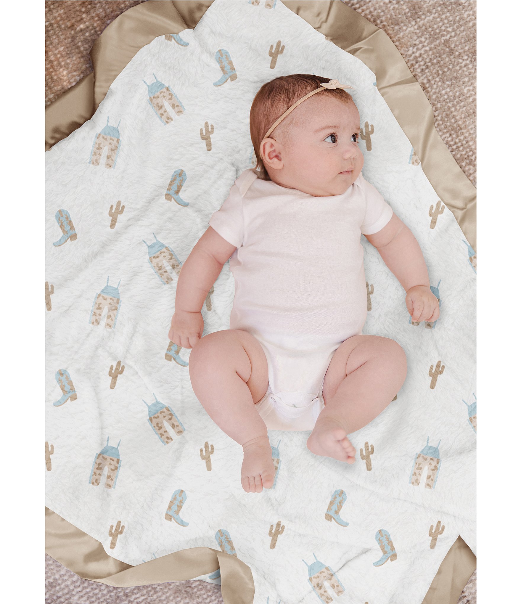 JuJuBe Everyday Essentials Howdy Partner Blue Swaddle Blankets, Reversible Blanket, Socks, Bib, & Teether Ring, Baby Bundle