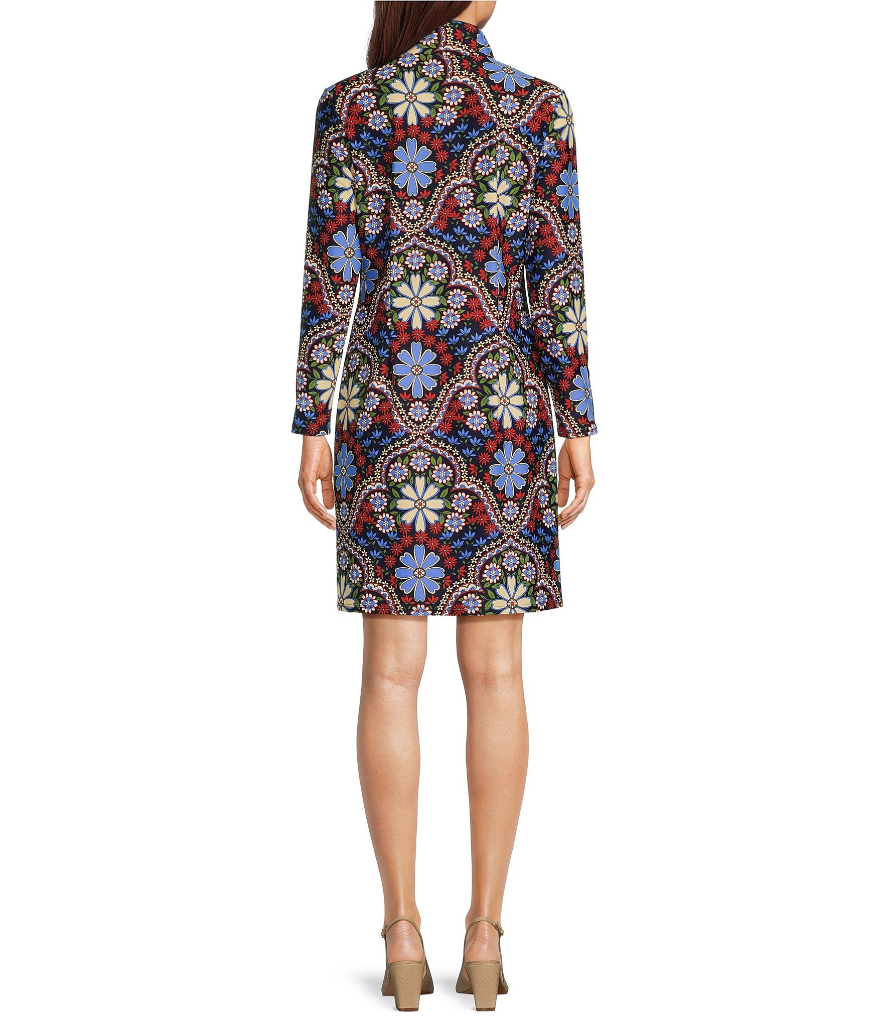 Jude Connally Anna Jude Cloth Stretch Knit Wrinkle-Free Felicity Floral Print High Stand Collar Long Sleeve Shift Dress