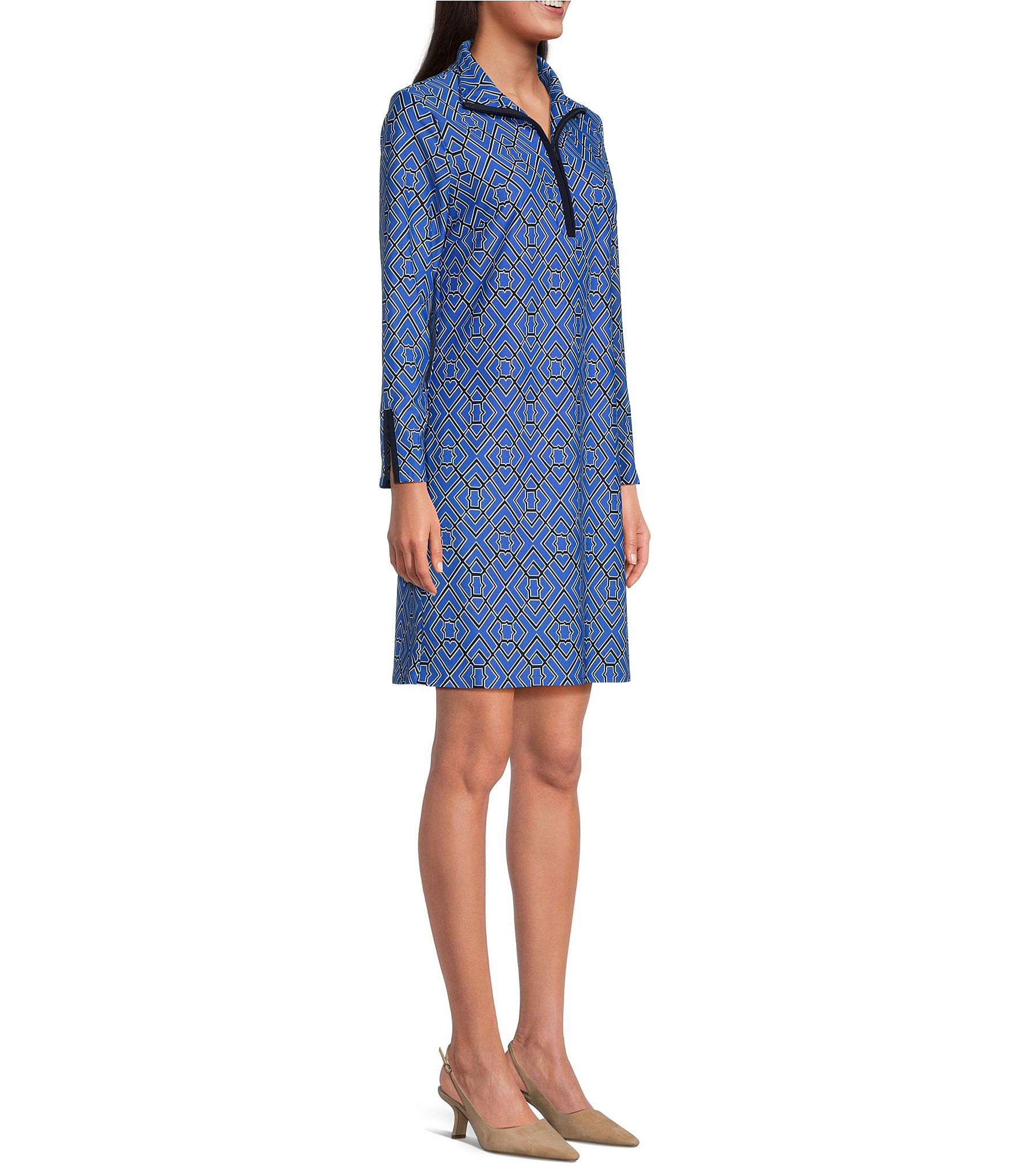 Jude Connally Anna Jude Cloth Stretch Knit Wrinkle-Free Garden Lattice Print High Stand Collar Long Sleeve Shift Dress