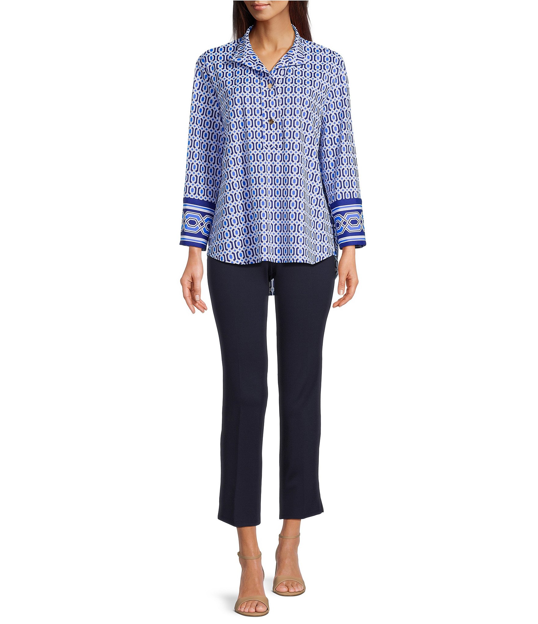 Jude Connally Belinda Terrace Geo Print Jude Cloth Stretch Knit Wrinkle-Free Stand Collar Stand Collar 3/4 Sleeve Top