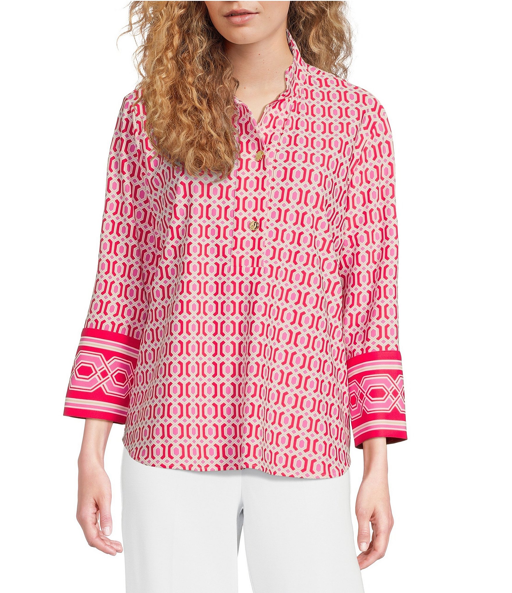 Jude Connally Belinda Terrace Geo Print Jude Cloth Stretch Knit Wrinkle-Free Stand Collar Stand Collar 3/4 Sleeve Top