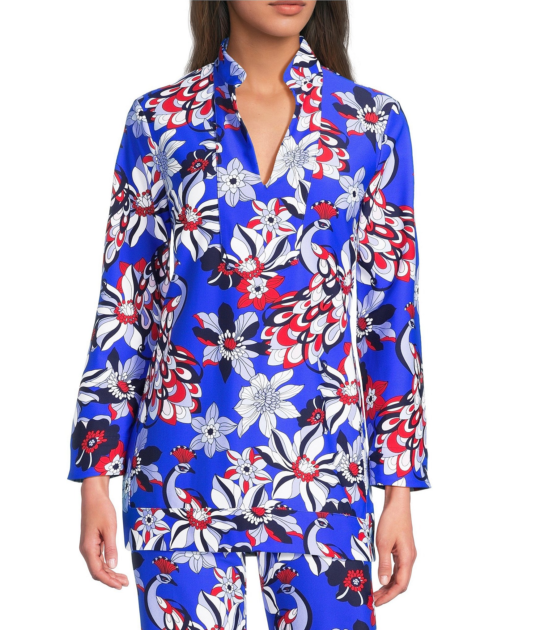 Jude Connally Chris Everyday Twirling Peacock Print Jude Cloth Stretch Knit Mandarin Collar Bracelet Sleeve Coordinating Top