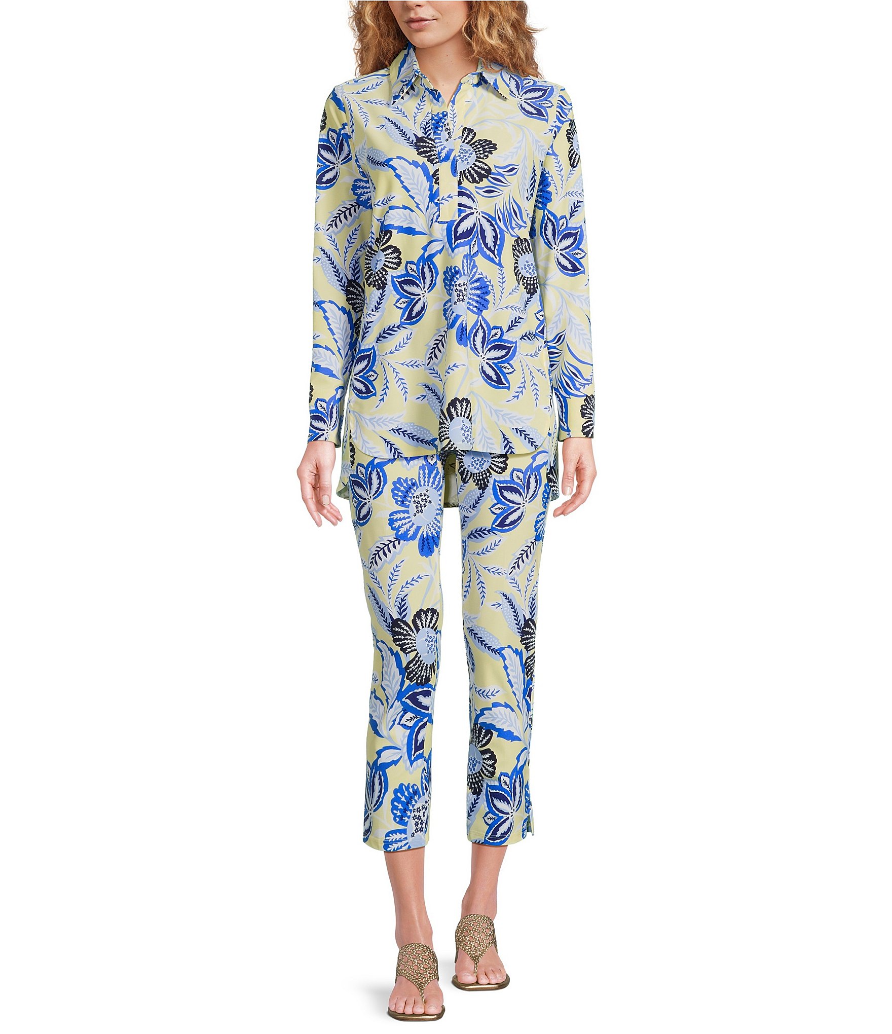 Jude Connally Coordinating Hadley Blooming Botanics Print Jude Cloth Knit Point Collar Long Split Roll Cuff Sleeve Tunic