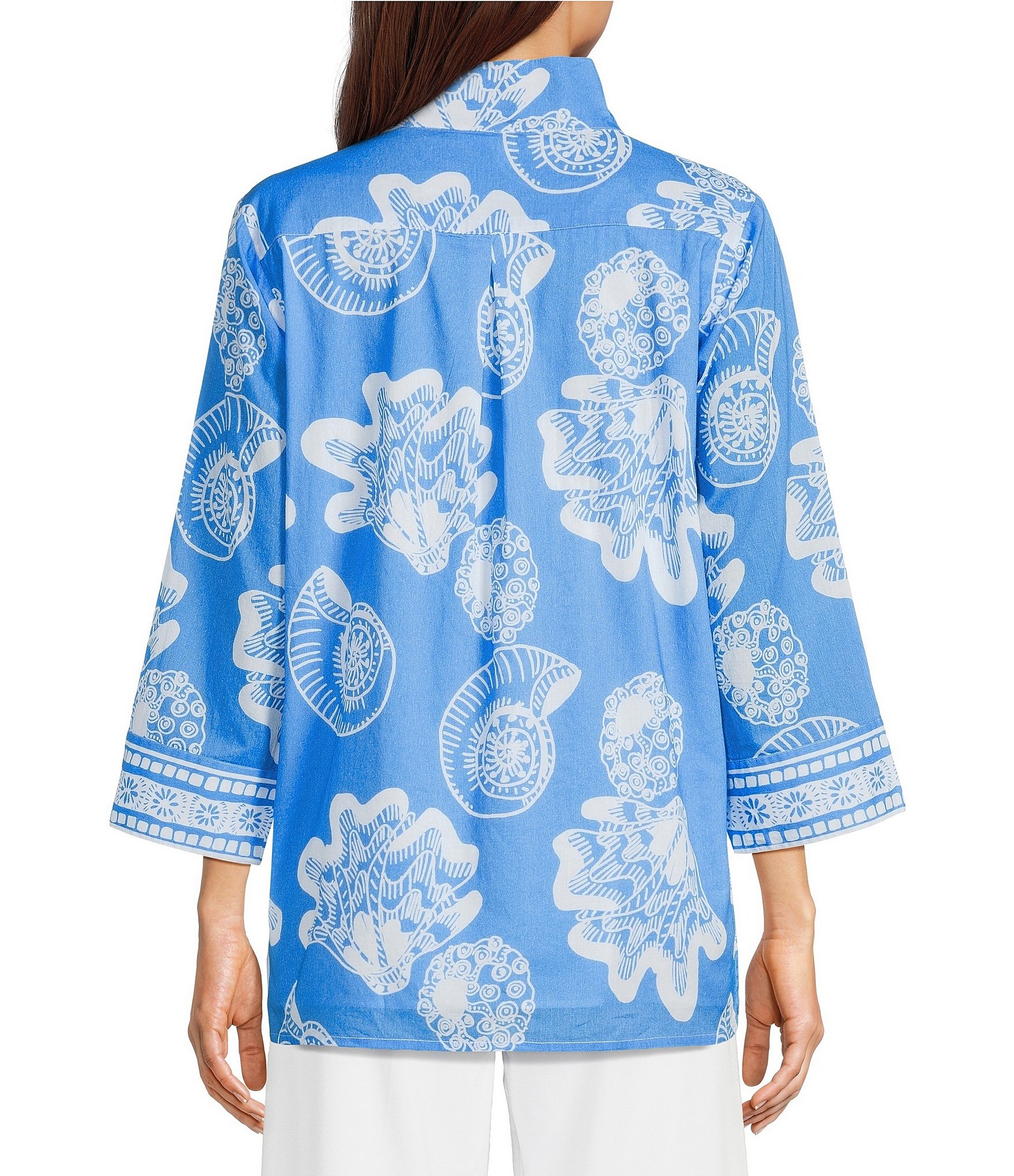 Jude Connally Cricket Shoreline Harbor Print Stand Collar 3/4 Sleeve Top